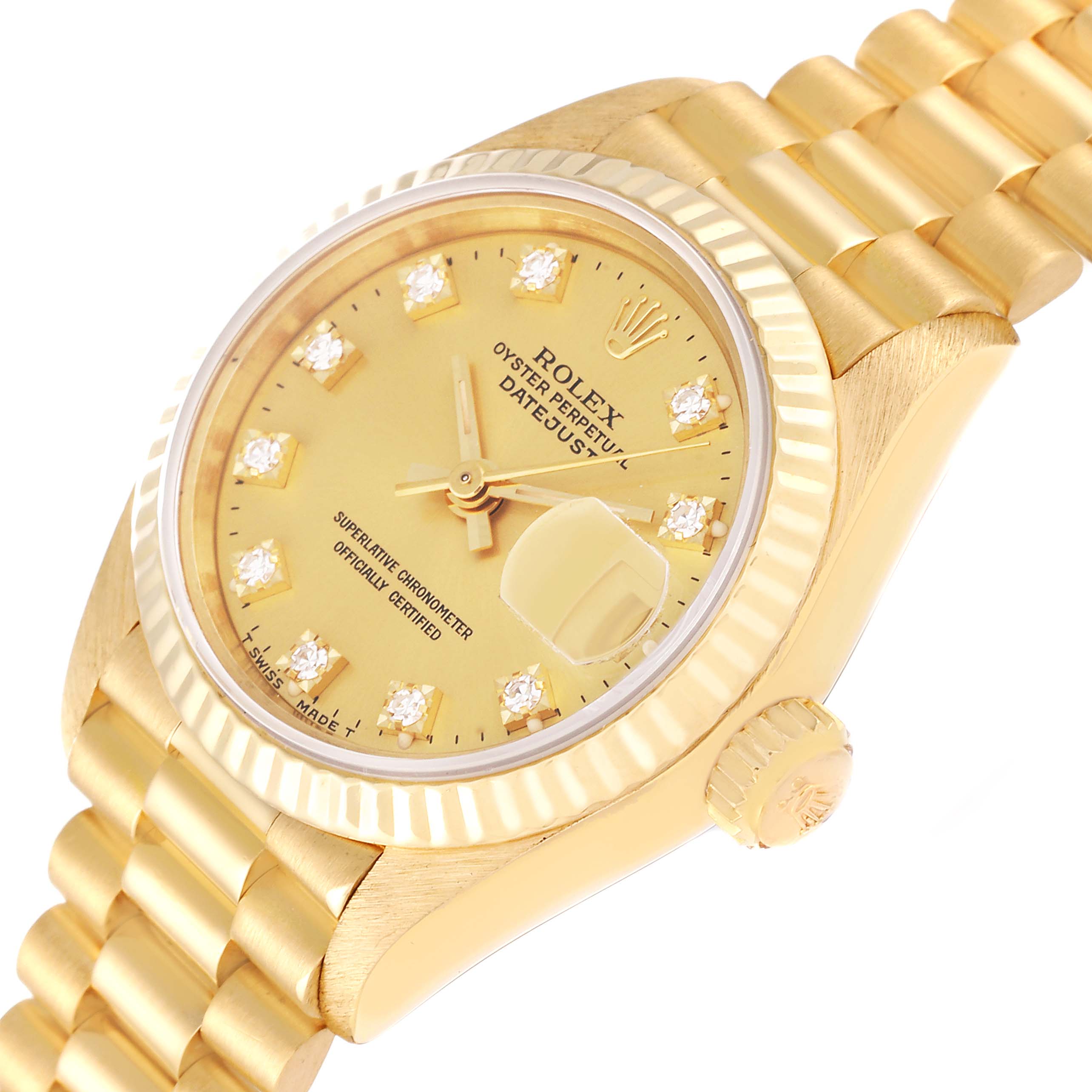 This image shows a Rolex President 69178G Women's Yellow Gold Champagne Dial 69178G Women's Yellow Gold Champagne Dial model watch angled to display its gold dial, bezel, crown, and bracelet.