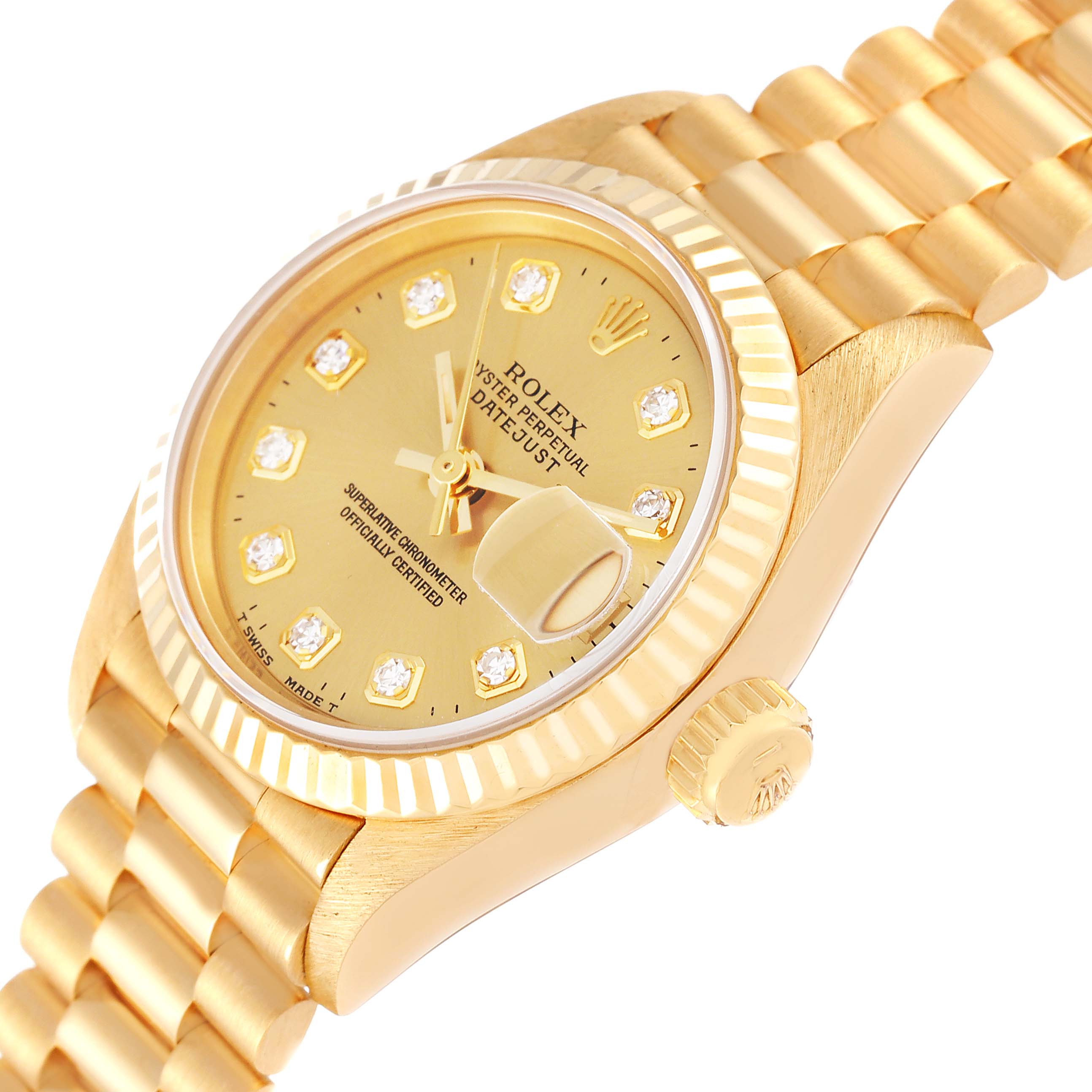 The image shows a close-up angled view of a Rolex President 69178G Women
s Yellow Gold Champagne Dial 69178G Women
s Yellow Gold Champagne Dial model watch, highlighting its gold dial, diamond hour markers, and fluted bezel.