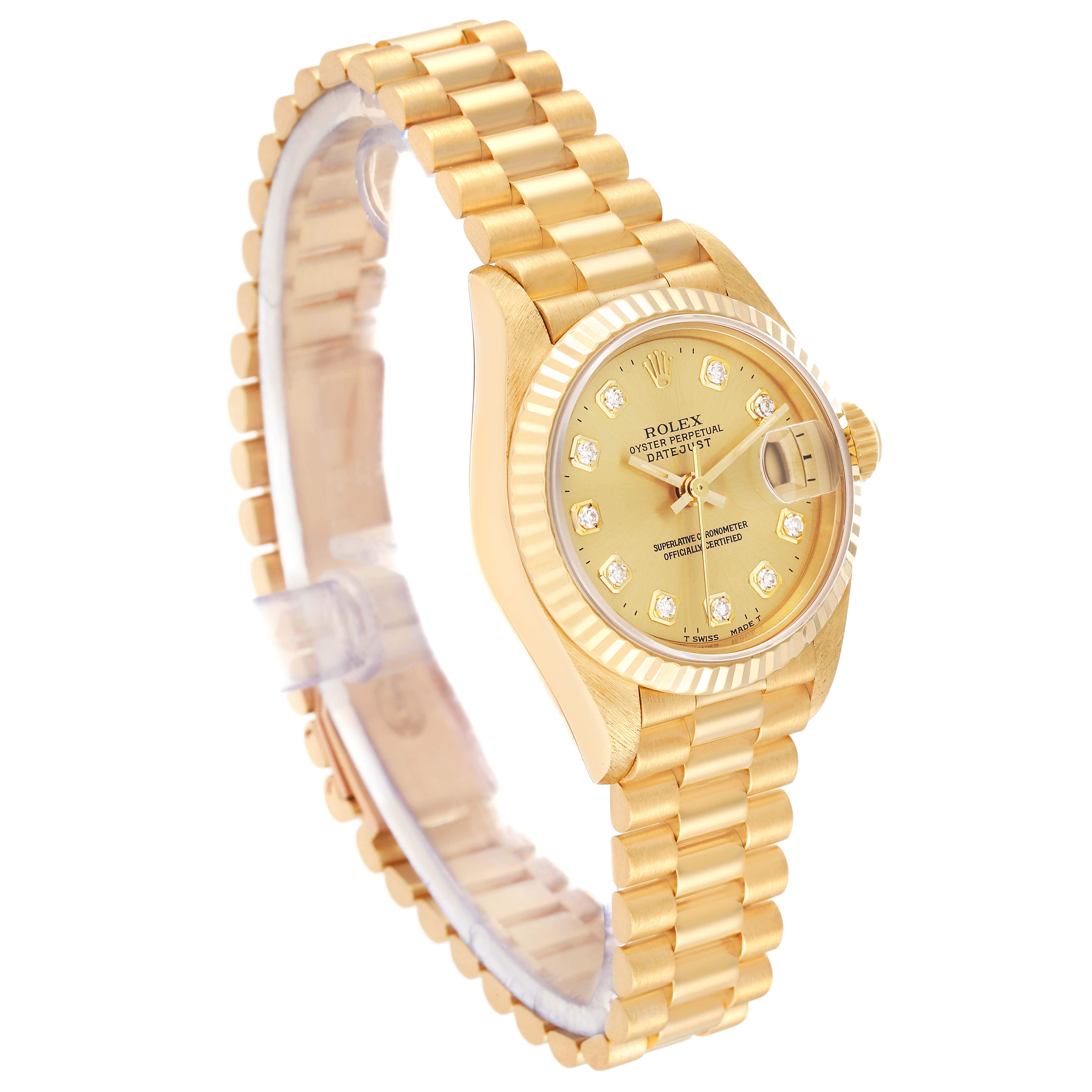 The image shows a Rolex President 69178G Women
s Yellow Gold Champagne Dial 69178G Women
s Yellow Gold Champagne Dial model watch with a gold case, diamond markers, fluted bezel, and President bracelet, viewed from an angled perspective.