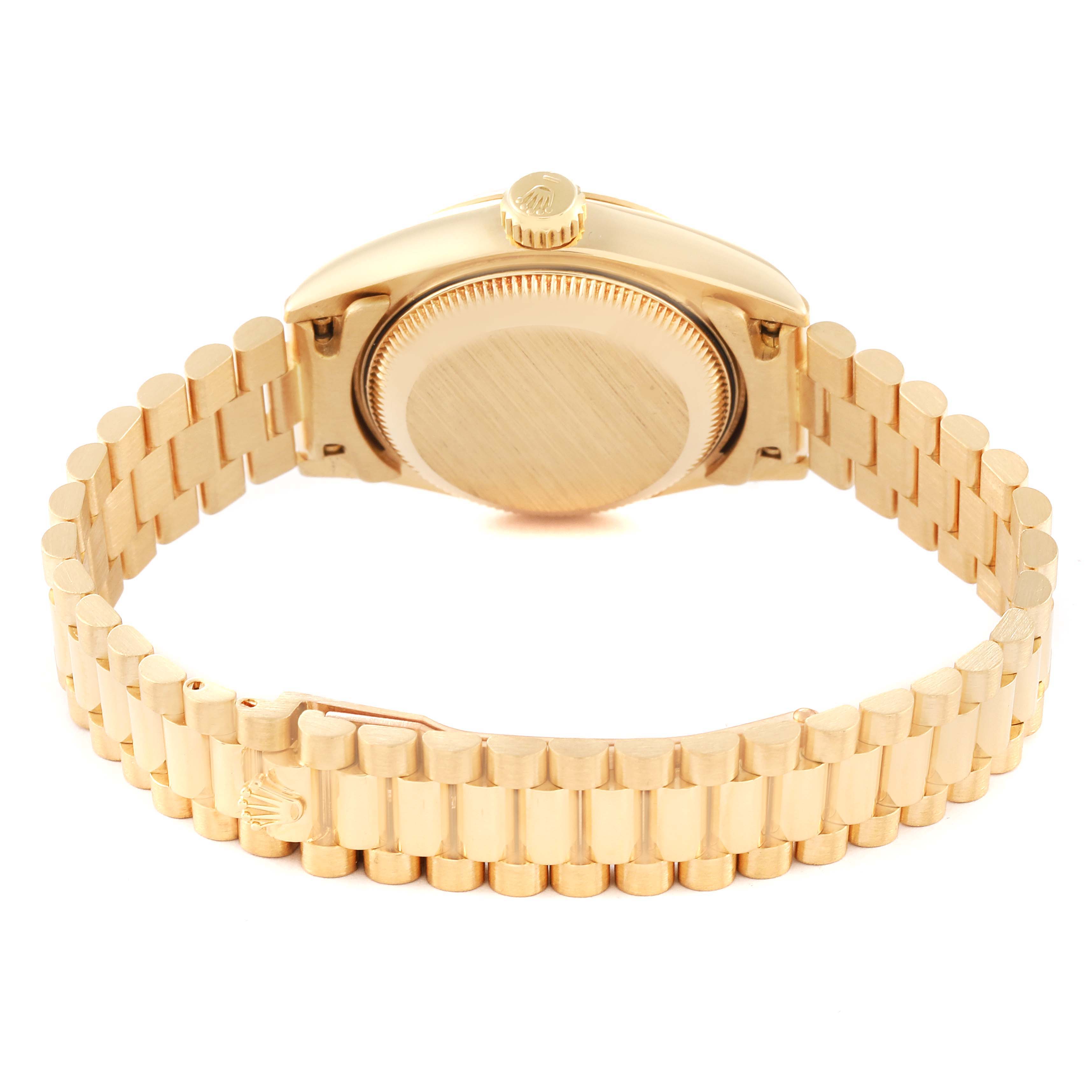 The image shows the back case and bracelet of a Rolex President 69178G Women
s Yellow Gold Champagne Dial 69178G Women
s Yellow Gold Champagne Dial model watch, viewed from the rear angle.