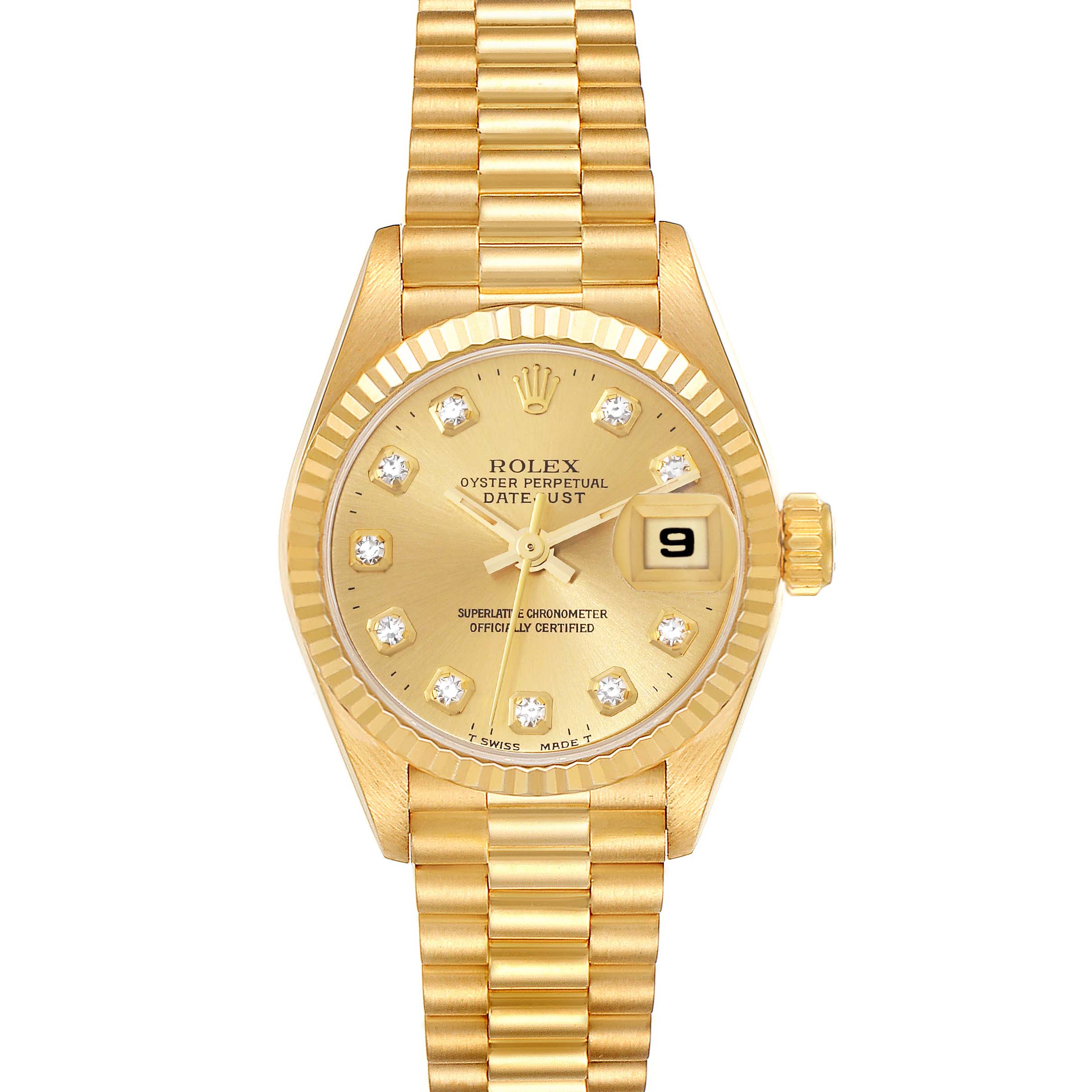 The image shows a frontal view of the Rolex President 69178G Women
s Yellow Gold Champagne Dial 69178G Women
s Yellow Gold Champagne Dial model watch, highlighting its gold case, dial, bezel, and bracelet.