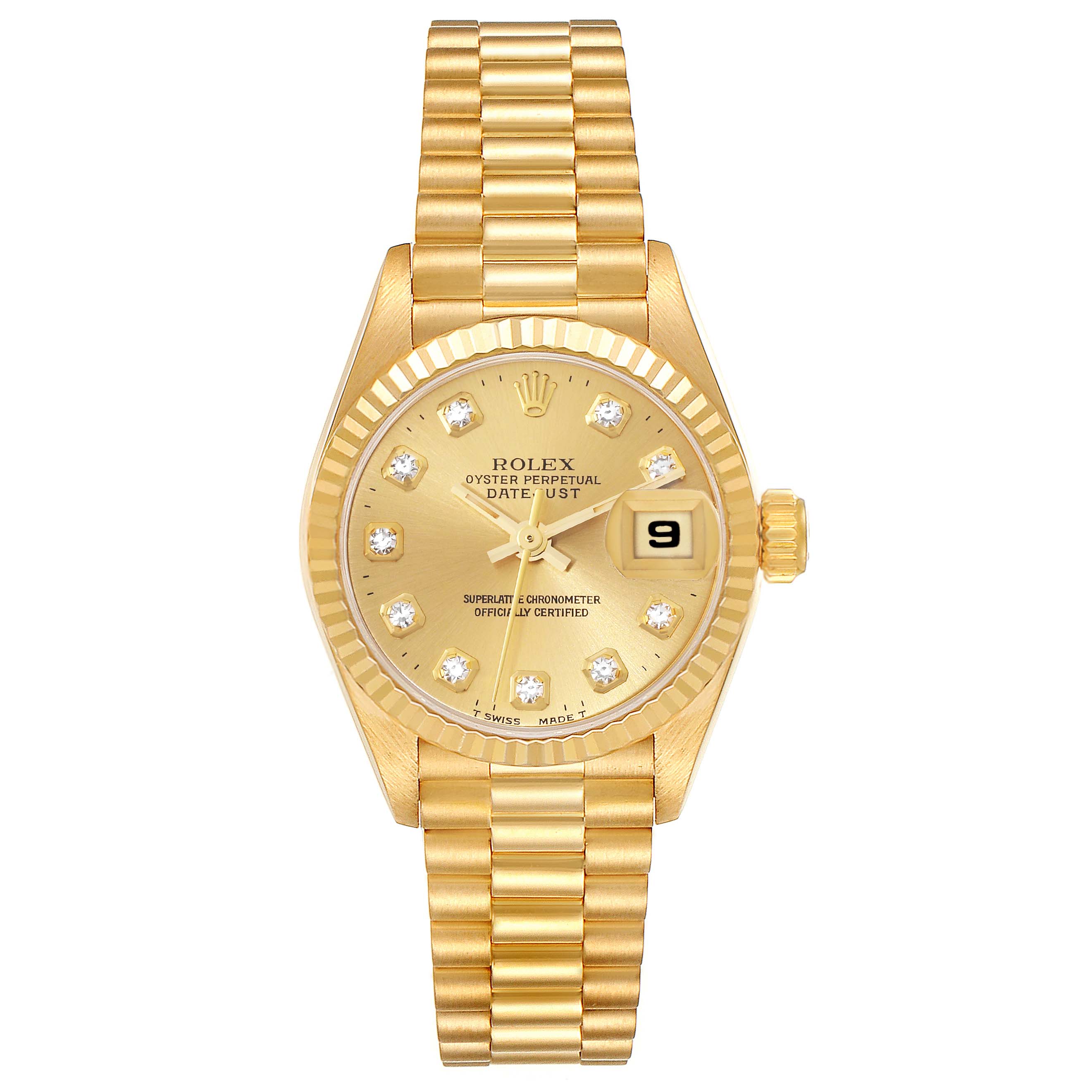 The image shows a top-down view of a Rolex President 69178G Women
s Yellow Gold Champagne Dial 69178G Women
s Yellow Gold Champagne Dial model watch displaying the face, band, bezel, and crown.