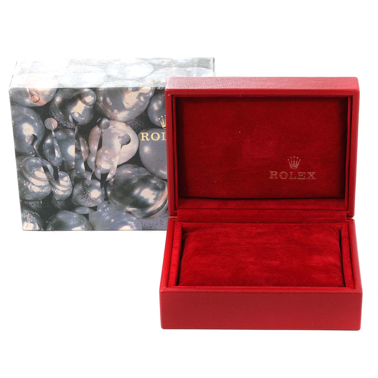 The image shows an open Rolex President 69178G Women
s Yellow Gold Champagne Dial 69178G Women
s Yellow Gold Champagne Dial model watch box with red velvet lining and the outer packaging beside it.