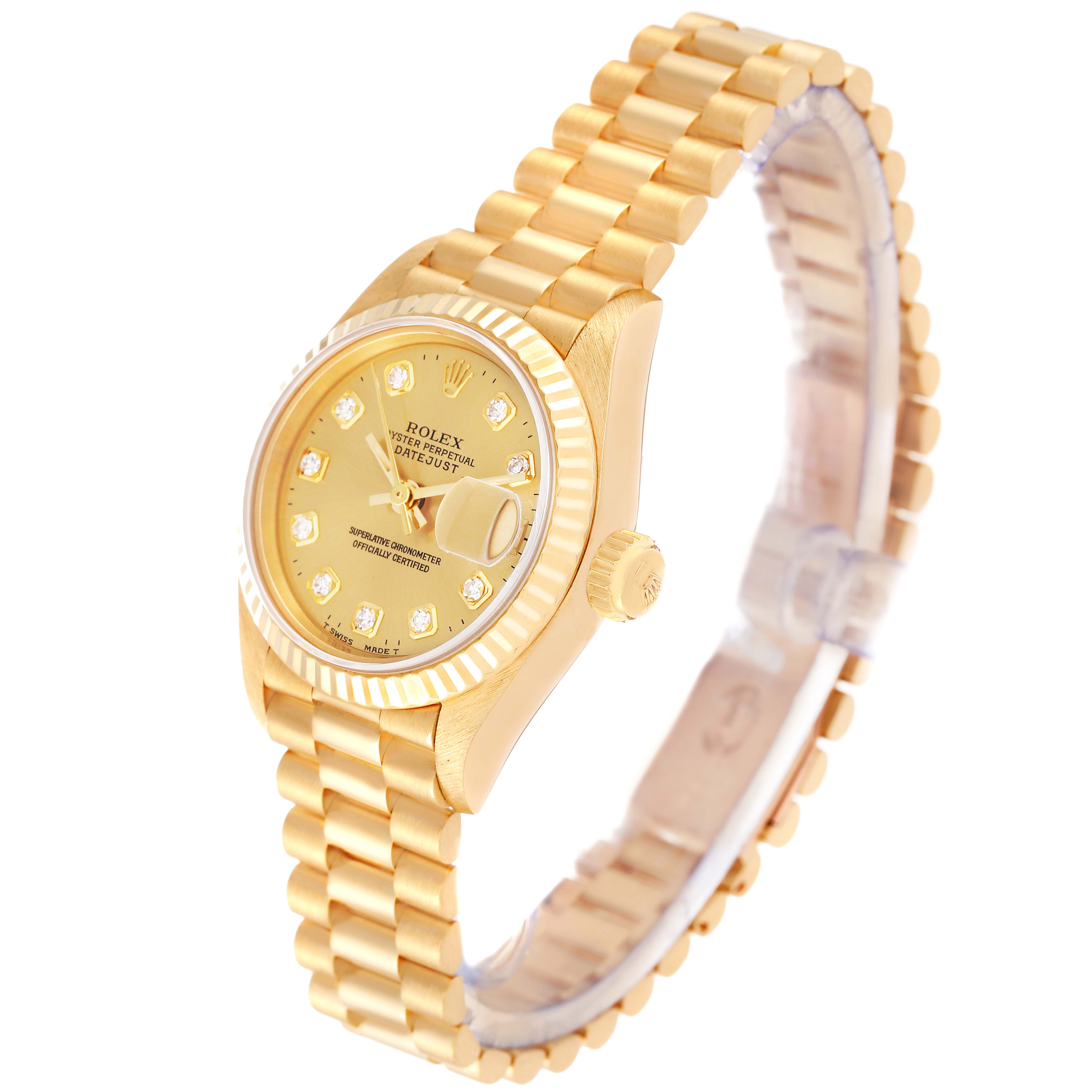 The image shows a Rolex President 69178G Women
s Yellow Gold Champagne Dial 69178G Women
s Yellow Gold Champagne Dial model watch in gold at a three-quarter angle, highlighting the face, bezel, crown, and bracelet.