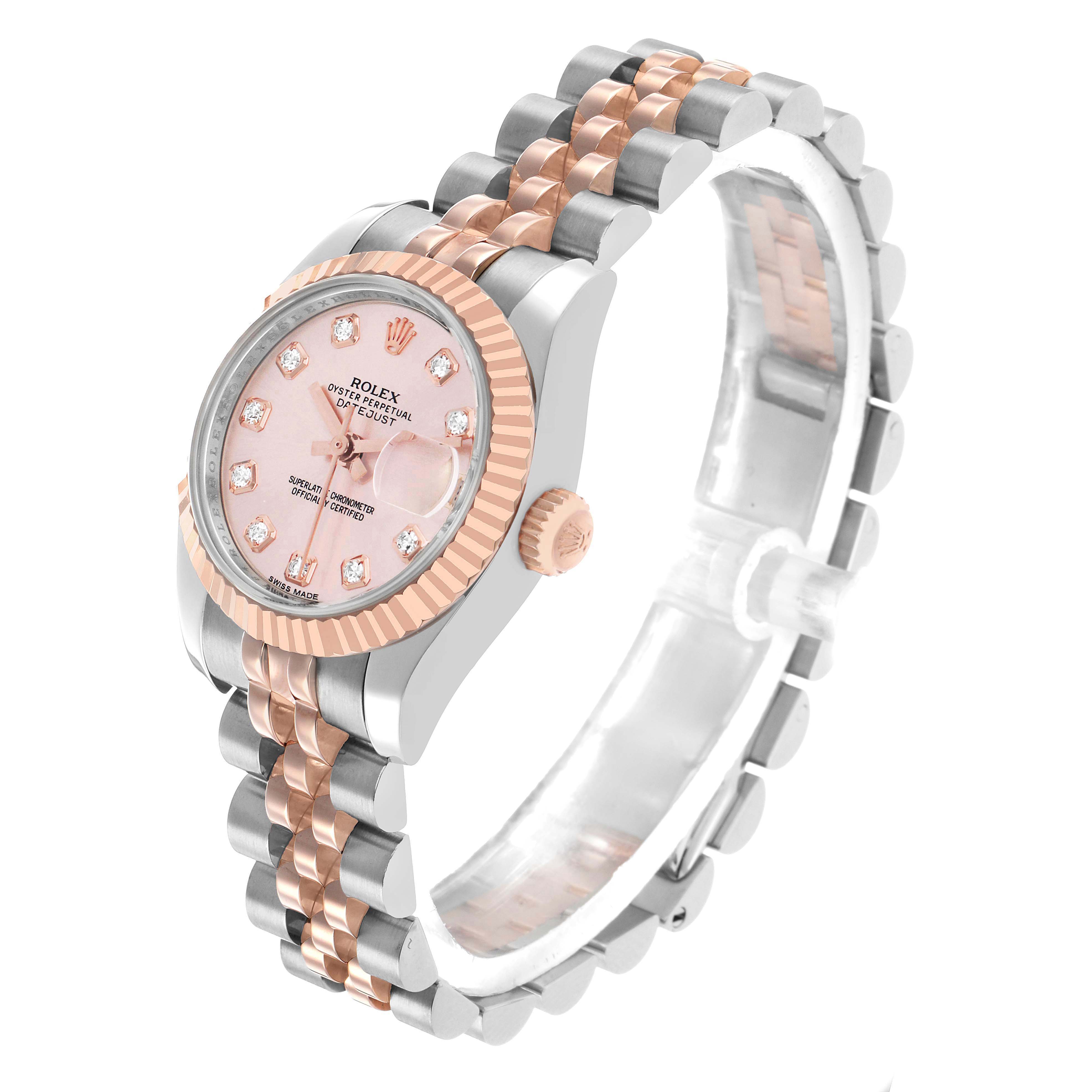 The Rolex Datejust 179171 Women's Steel and Gold (two tone) Pink Dial watch is shown at a three-quarter angle, displaying the dial, bezel, crown, and part of the bracelet.