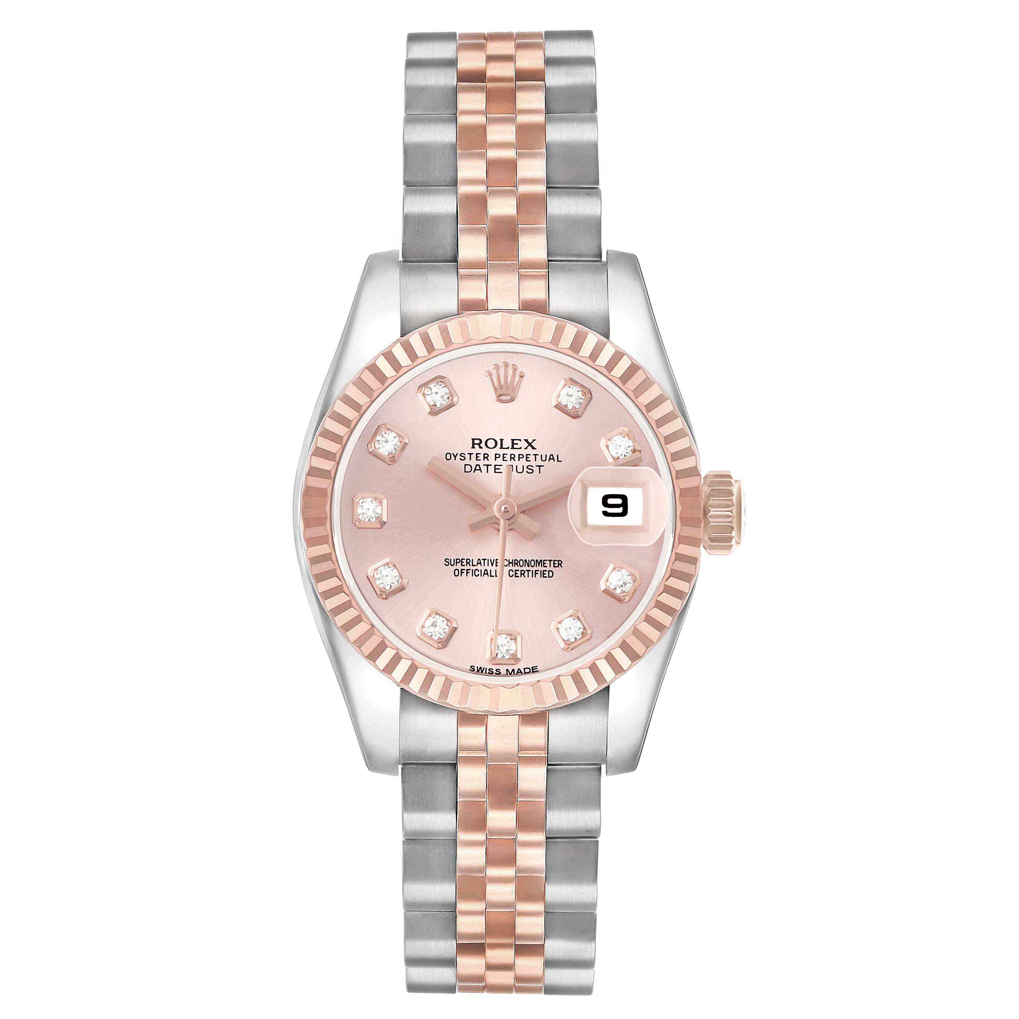 The Rolex Datejust 179171 Women's Steel and Gold (two tone) Pink Dial watch is shown from a front angle, displaying the dial, bezel, and two-tone bracelet.