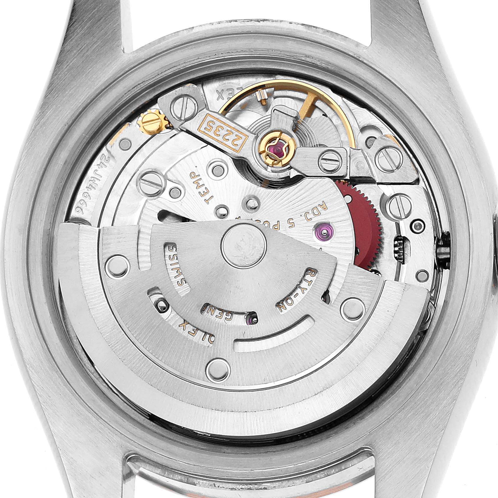 The image shows the back view of the Rolex Datejust 179171 Women's Steel and Gold (two tone) Pink Dial, highlighting its movement and internal mechanism.