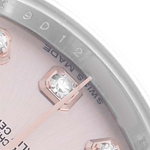 The image shows a close-up of the Rolex Datejust 179171 Women's Steel and Gold (two tone) Pink Dial dial, focusing on diamond hour markers and partial view of the hands.