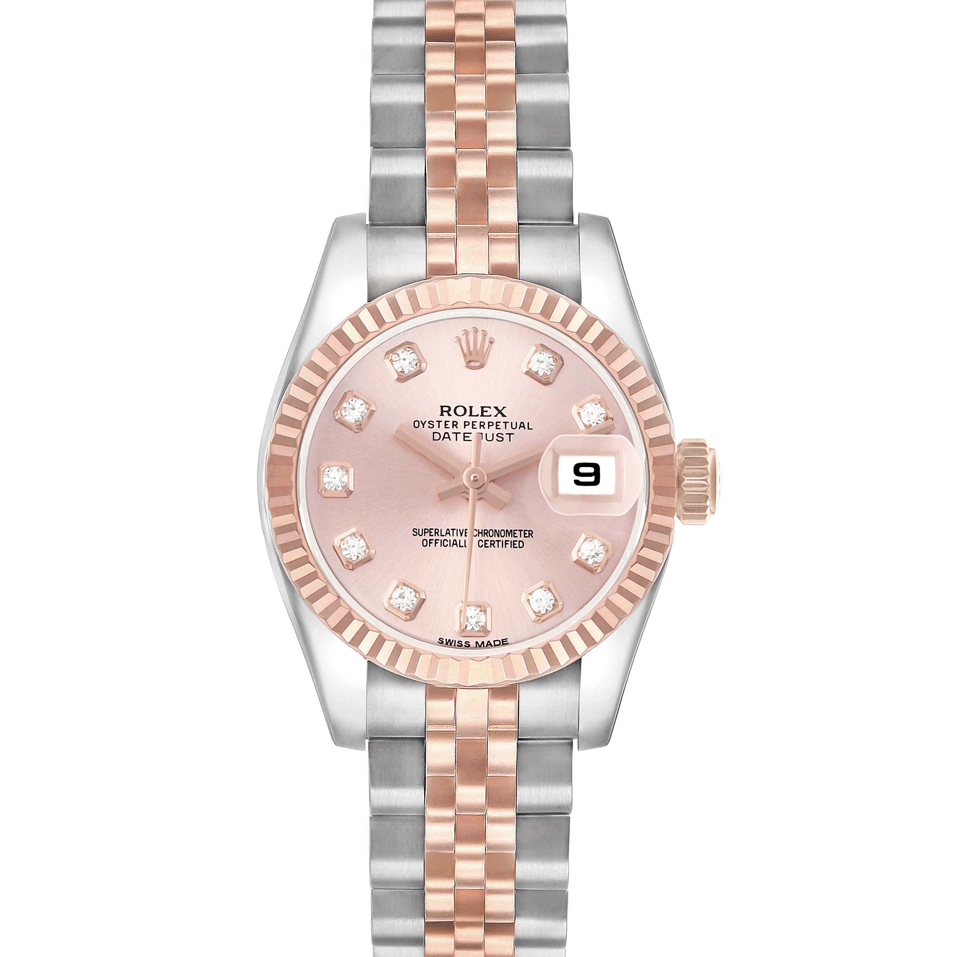The Rolex Datejust 179171 Women's Steel and Gold (two tone) Pink Dial watch image shows a front view featuring its dial, bezel, and bracelet.