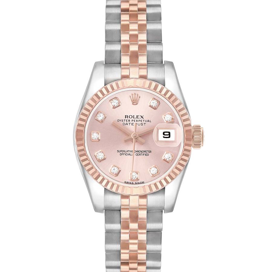The Rolex Datejust 179171 Women's Steel and Gold (two tone) Pink Dial watch image shows a front view featuring its dial, bezel, and bracelet.