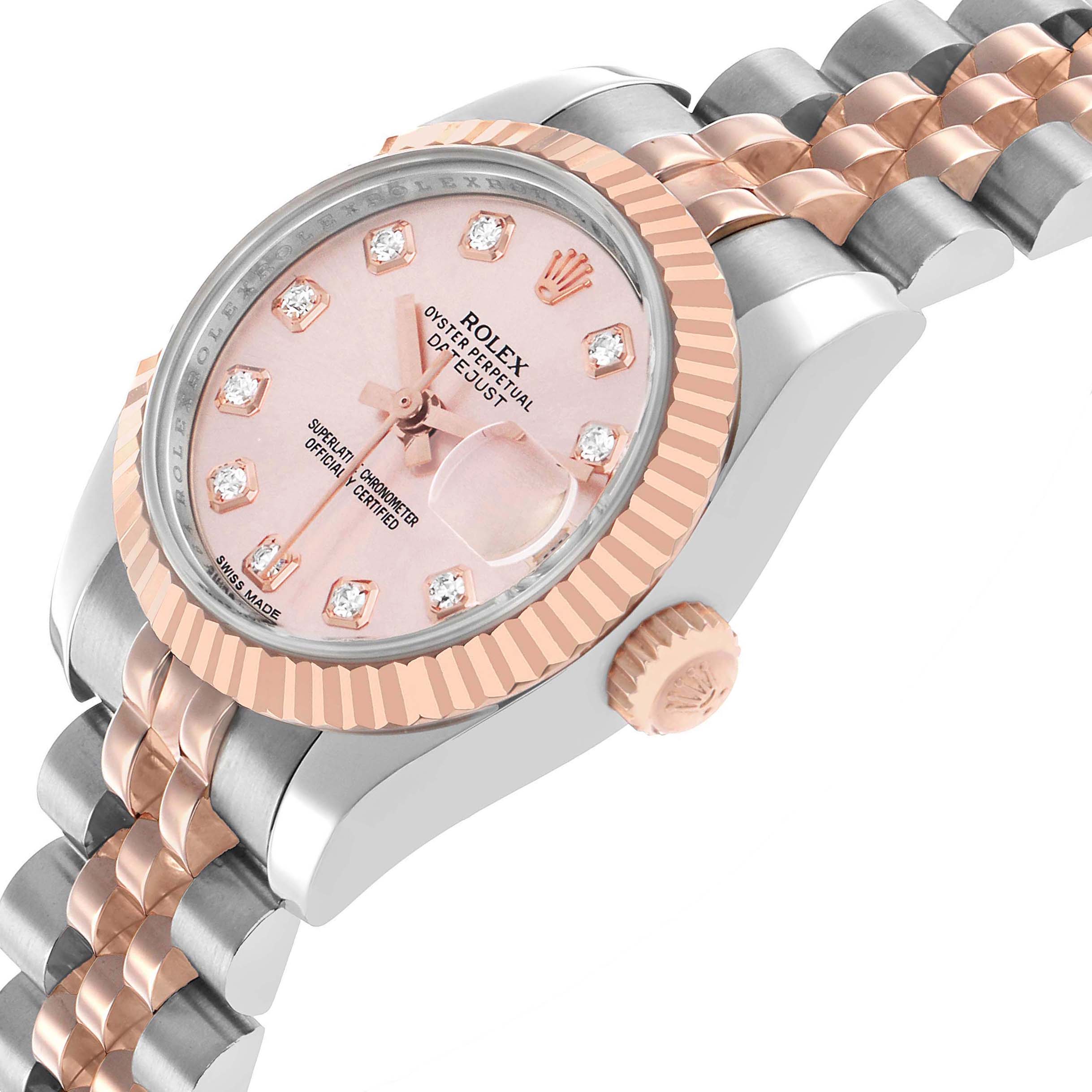 The Rolex Datejust 179171 Women's Steel and Gold (two tone) Pink Dial watch is shown at an angled side view, highlighting the dial, bezel, crown, and two-tone bracelet.