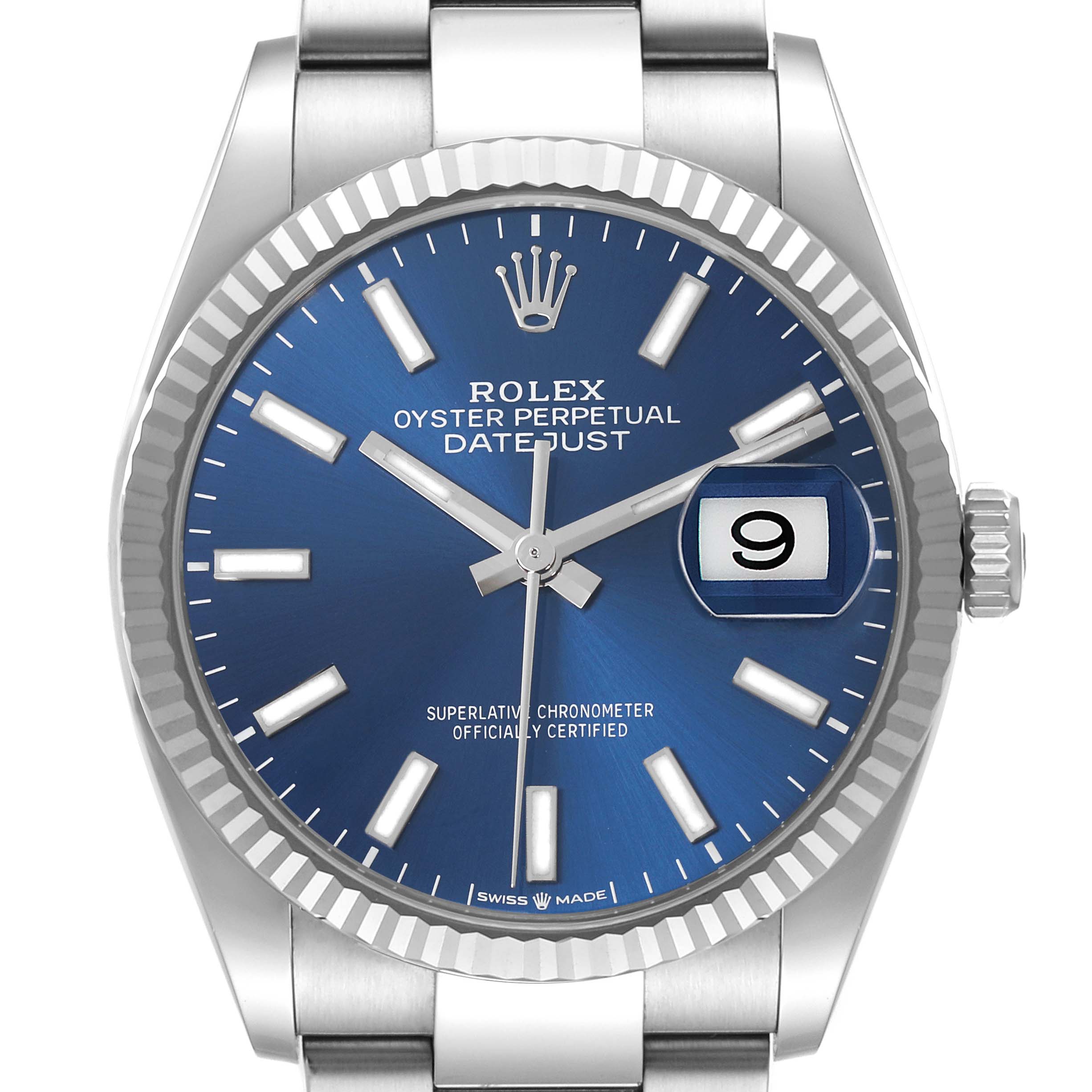 The Rolex Datejust 126234 Men's Stainless Steel Blue Dial 126234 Men's Stainless Steel Blue Dial watch is shown from a front angle, featuring its face, bezel, bracelet, and crown.