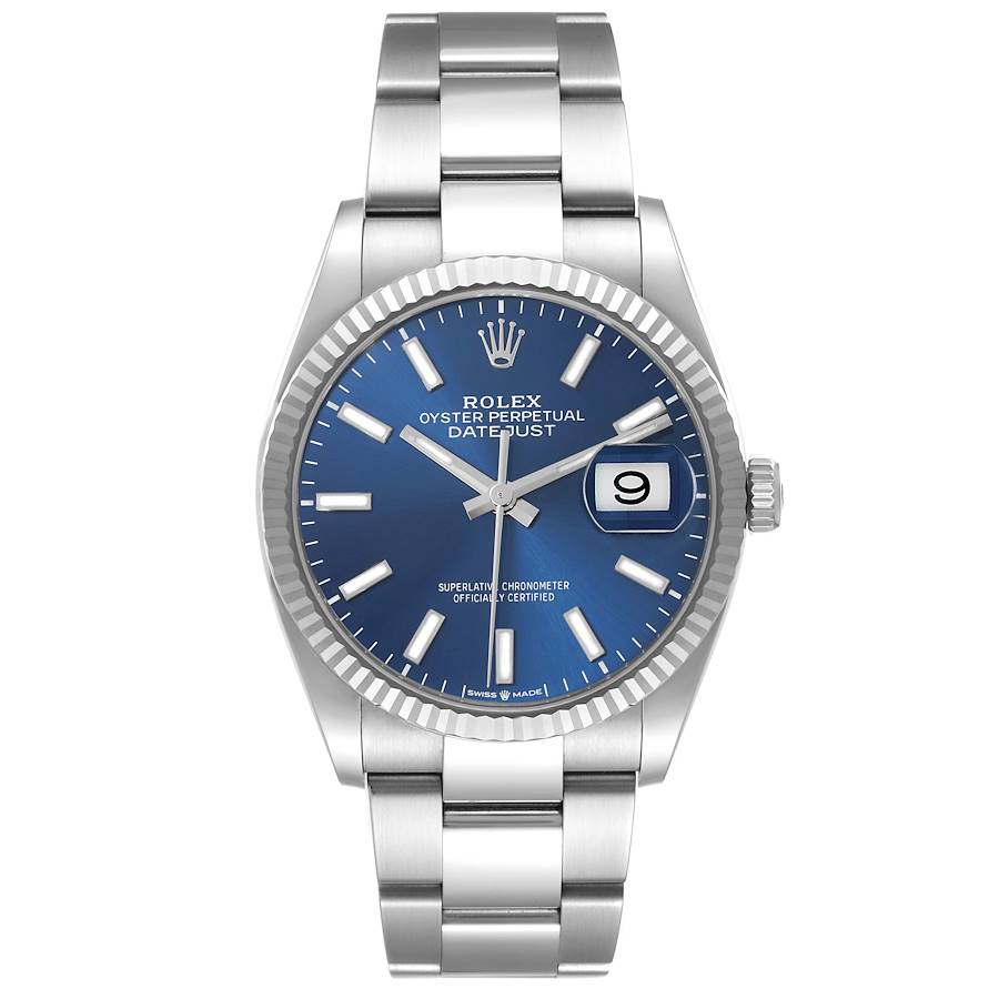 The Rolex Datejust watch is shown in a frontal view, displaying the face, bezel, and bracelet.