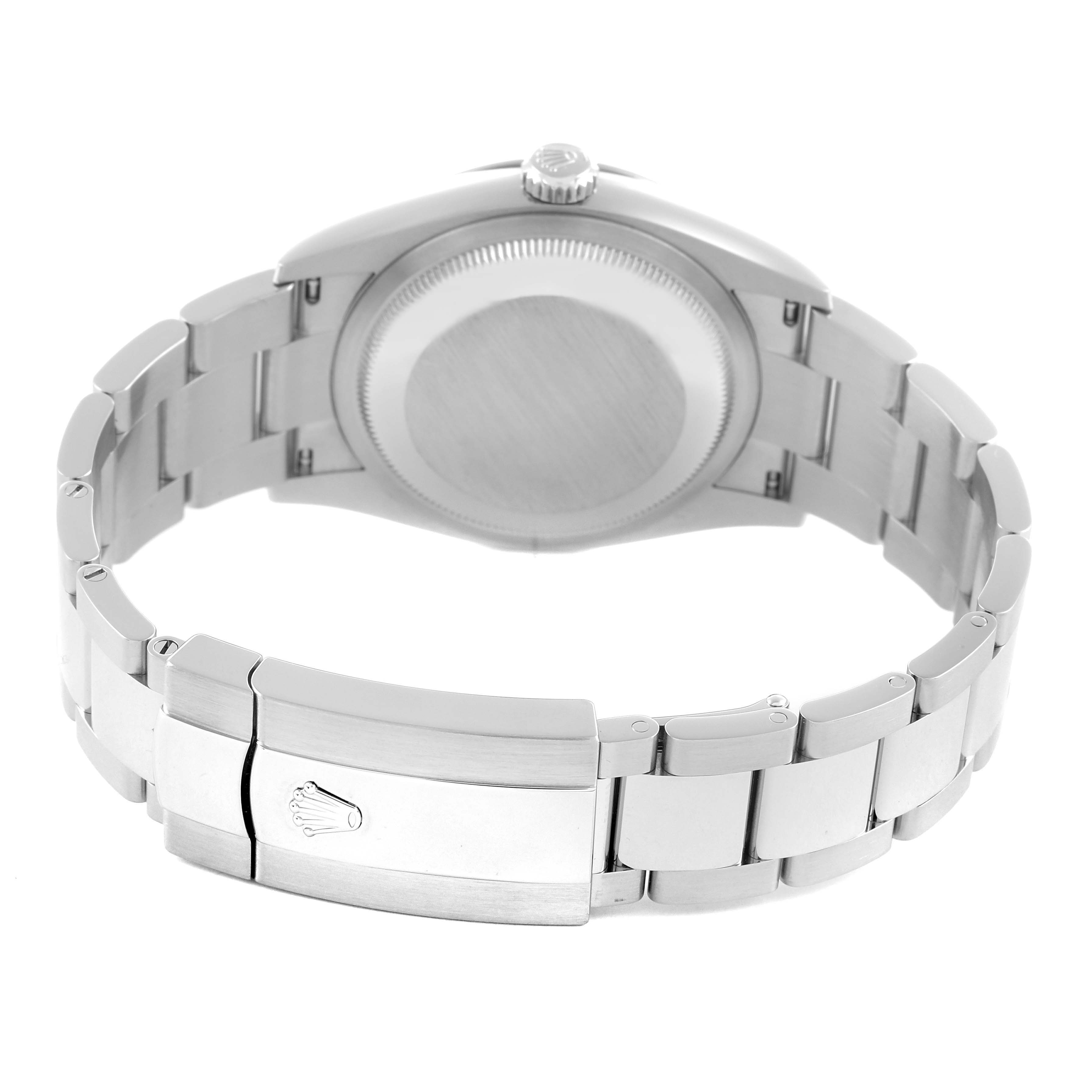 The image shows the back of the Rolex Datejust 126234 Men's Stainless Steel Blue Dial 126234 Men's Stainless Steel Blue Dial watch, highlighting its case back and bracelet with clasp.