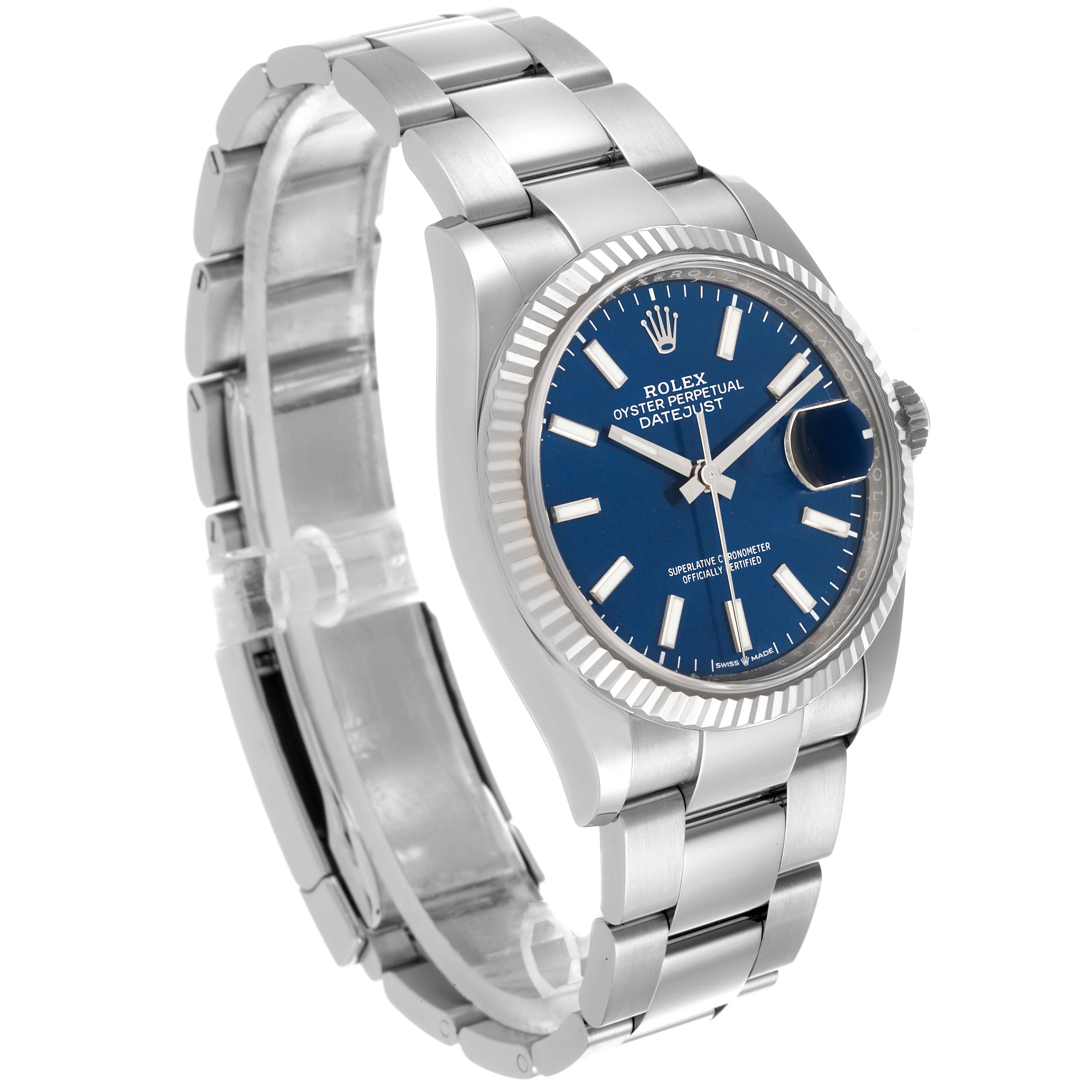 The Rolex Datejust 126234 Men's Stainless Steel Blue Dial 126234 Men's Stainless Steel Blue Dial is shown at a slight angle displaying the dial, bezel, case, and part of the bracelet.