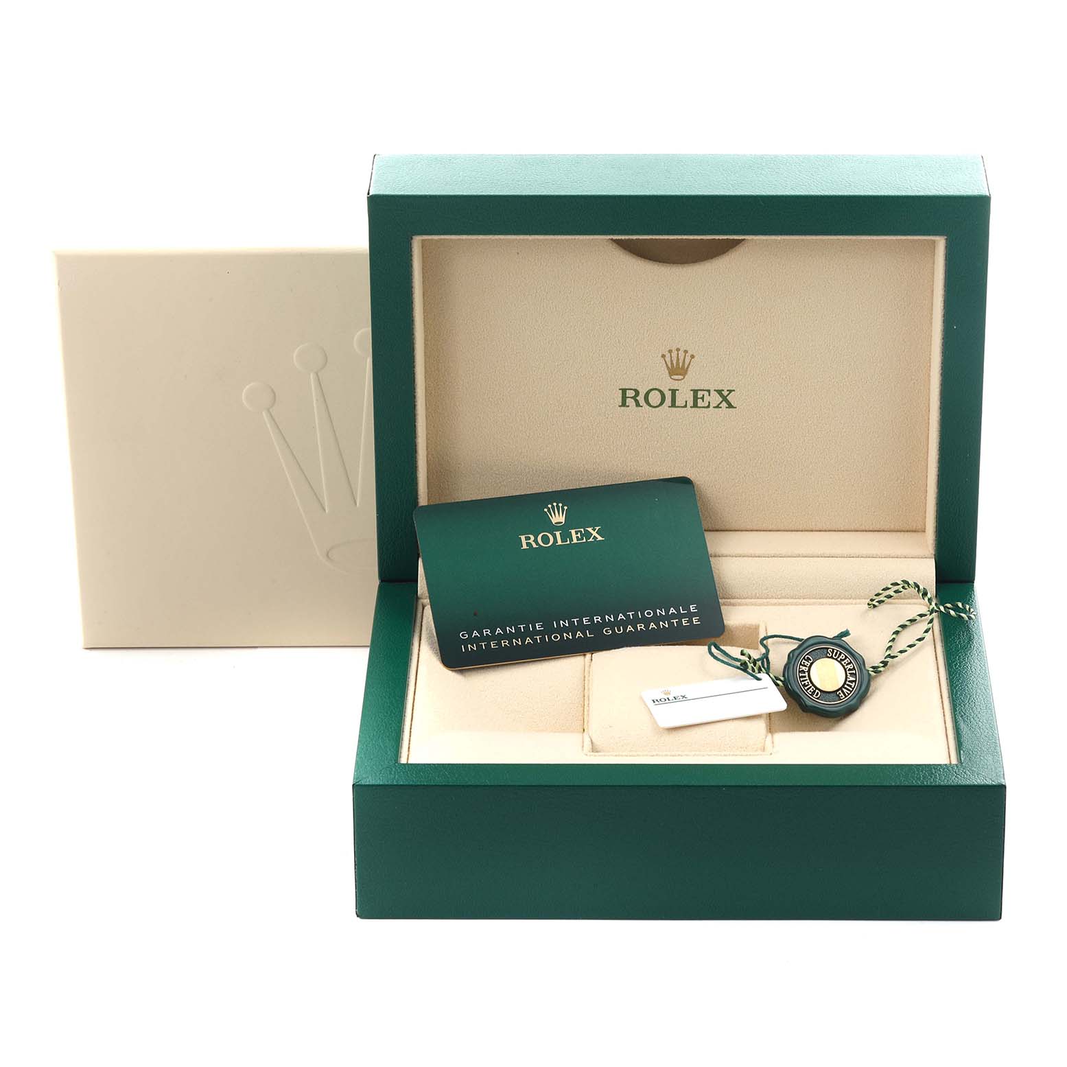 The image shows a Rolex Datejust 126234 Men's Stainless Steel Blue Dial 126234 Men's Stainless Steel Blue Dial watch box with a warranty card and a green seal tag.