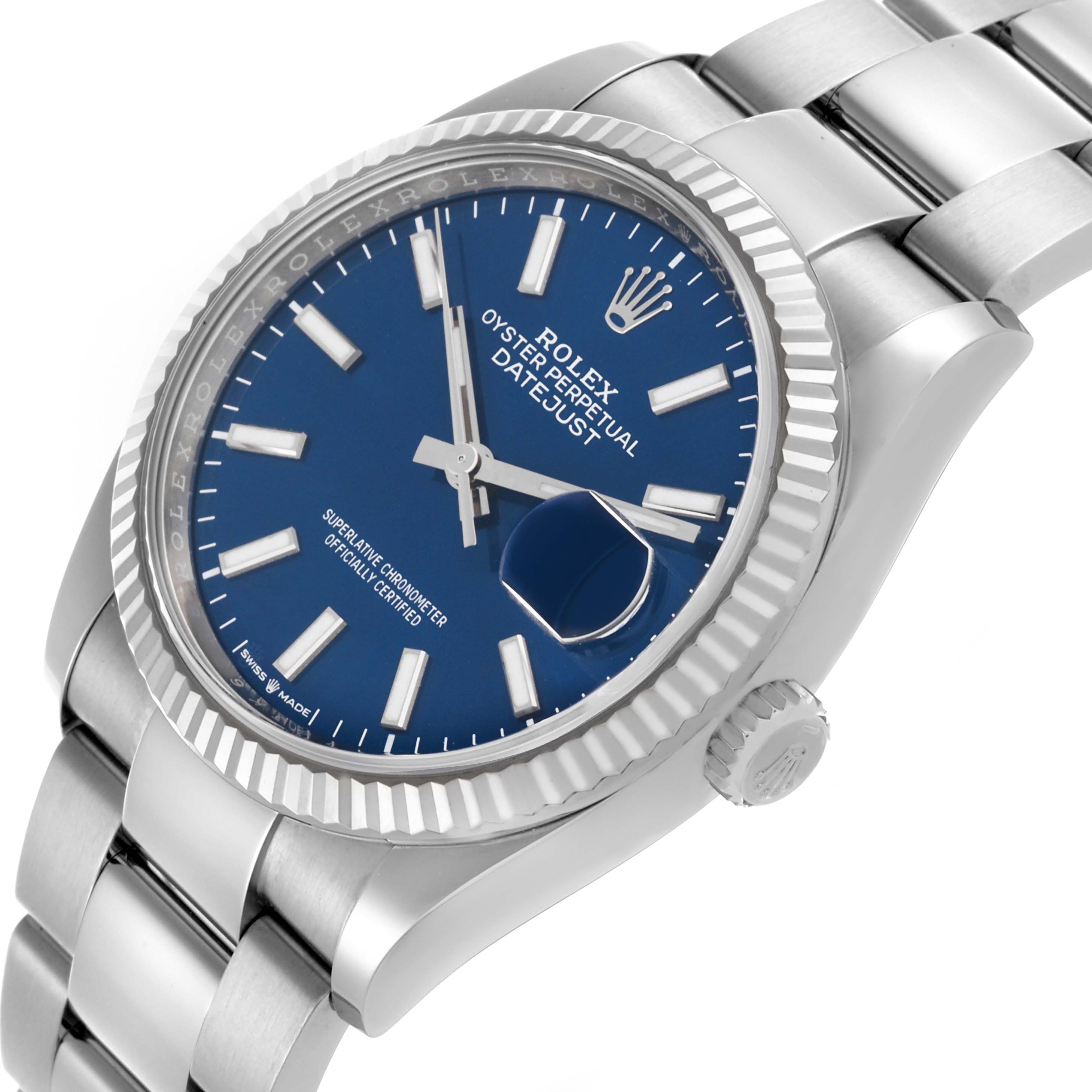 The Rolex Datejust 126234 Men's Stainless Steel Blue Dial 126234 Men's Stainless Steel Blue Dial watch is shown at an angled side view, highlighting the bezel, dial, and bracelet.