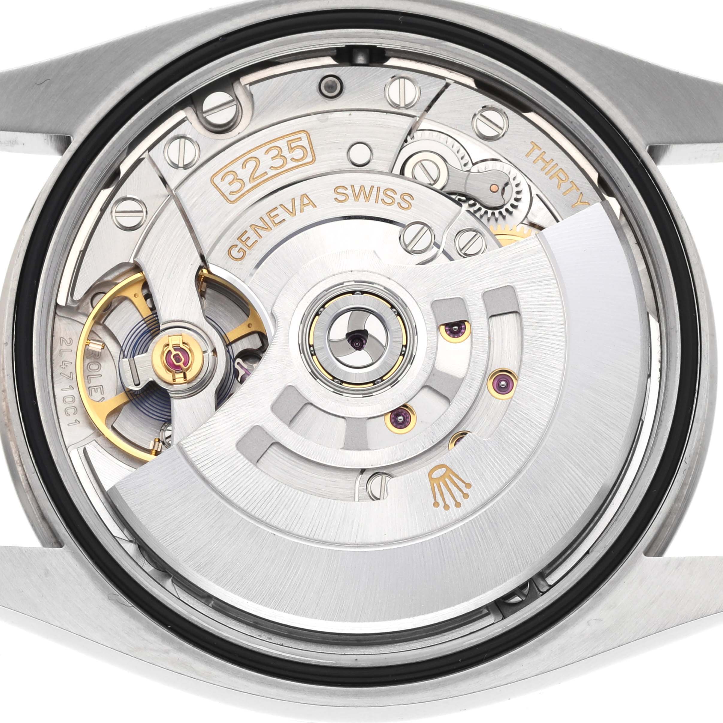 The image shows the movement mechanism of a Rolex Datejust 126234 Men's Stainless Steel Blue Dial 126234 Men's Stainless Steel Blue Dial watch from the back view.