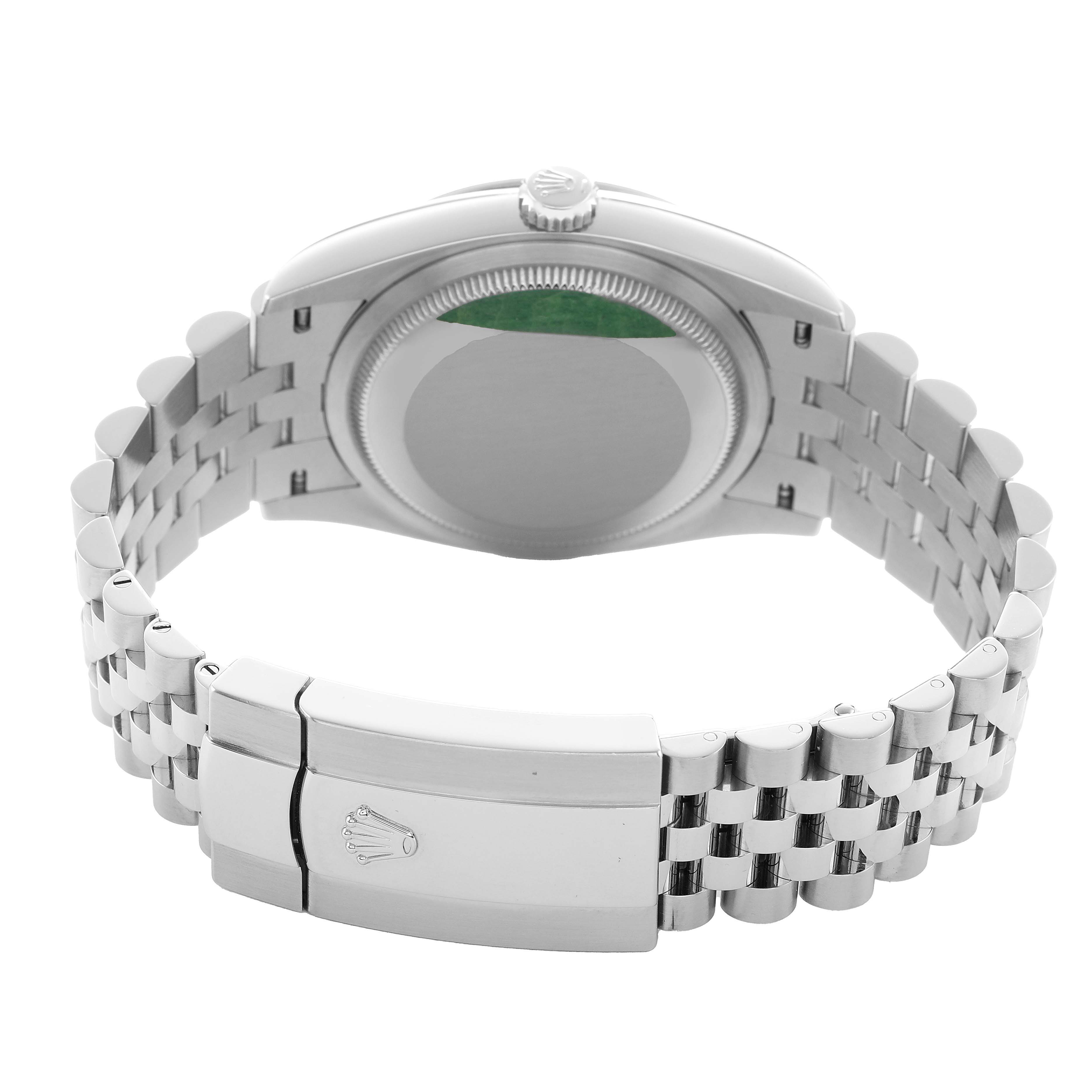 The Rolex Datejust 126234 Men's Stainless Steel White Dial watch is shown from the back, highlighting the clasp, bracelet, and case back.