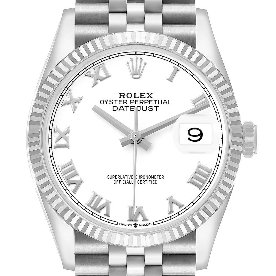 The image shows a front view of a Rolex Datejust 126234 Men's Stainless Steel White Dial watch, highlighting the dial, bezel, crown, and bracelet.