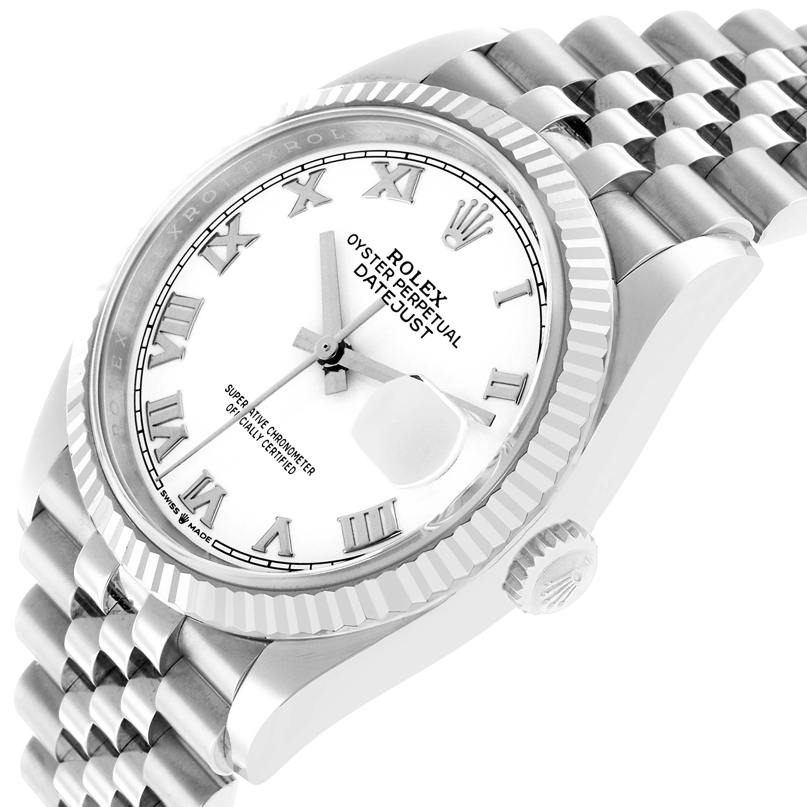 The Rolex Datejust 126234 Men's Stainless Steel White Dial watch is shown at an angled view, highlighting its dial, bezel, crown, and Jubilee bracelet.