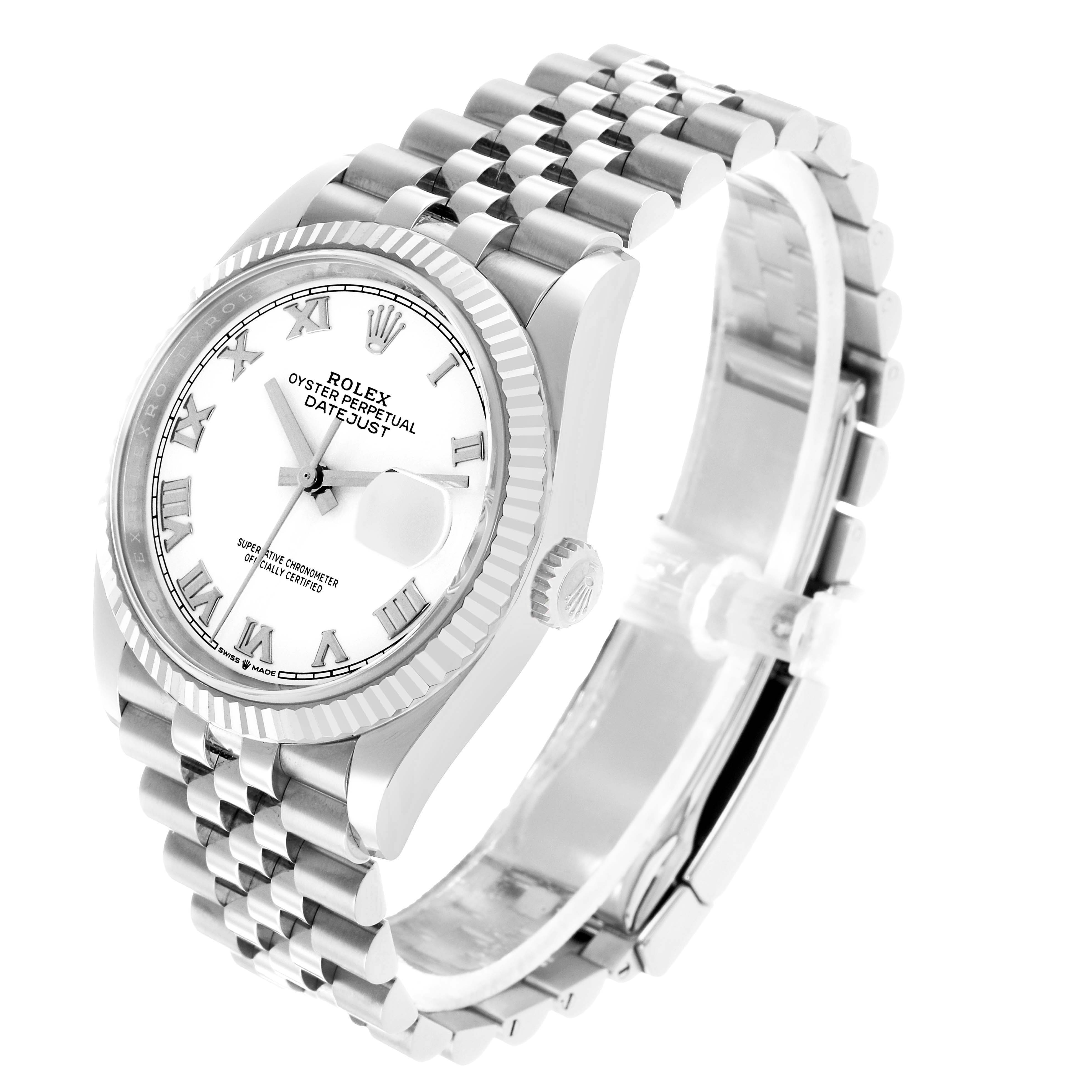 The Rolex Datejust 126234 Men's Stainless Steel White Dial watch is angled to show the face, fluted bezel, and Jubilee bracelet with a partial side view.