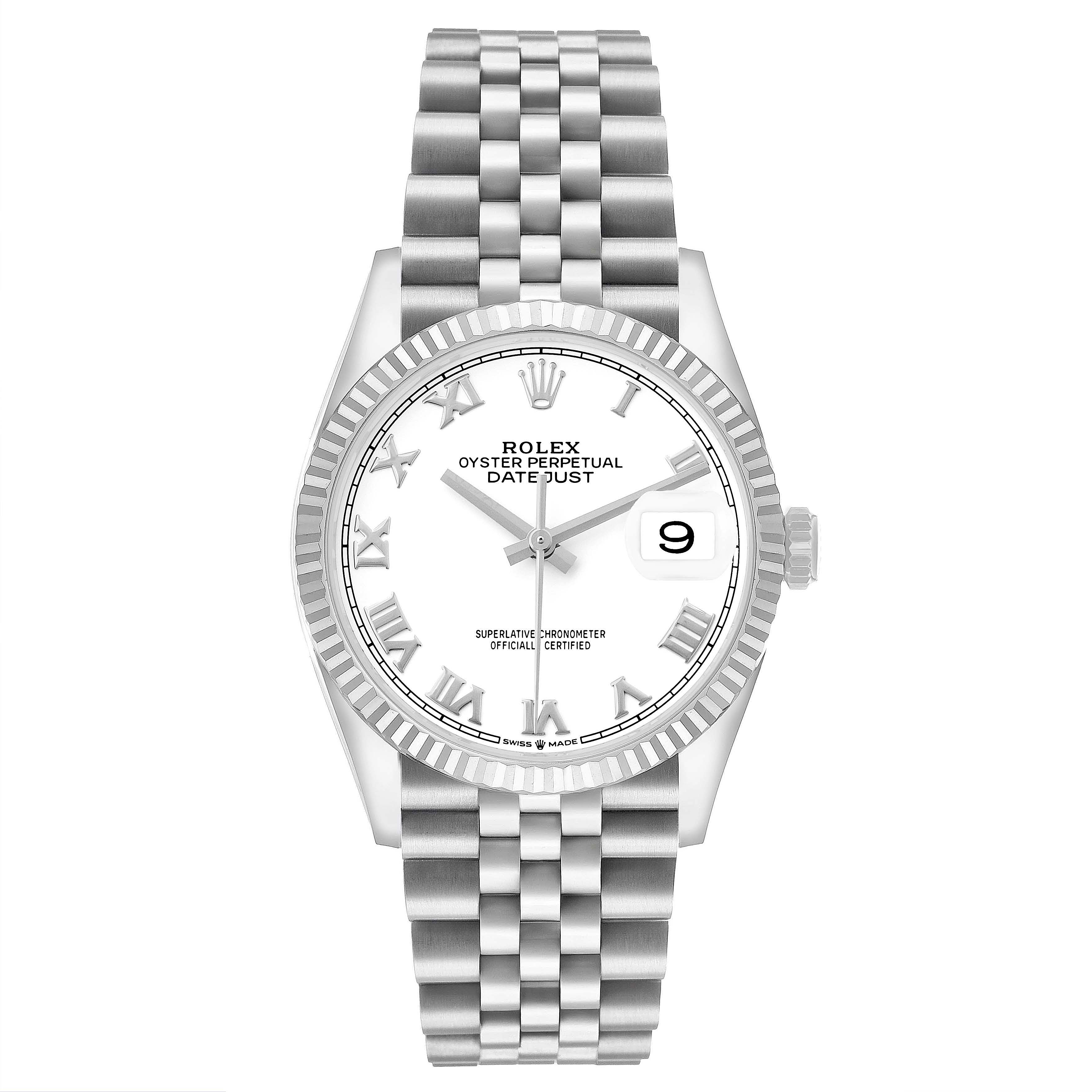 The Rolex Datejust 126234 Men's Stainless Steel White Dial watch is shown from a top-down angle, displaying the dial, bezel, bracelet, and crown.