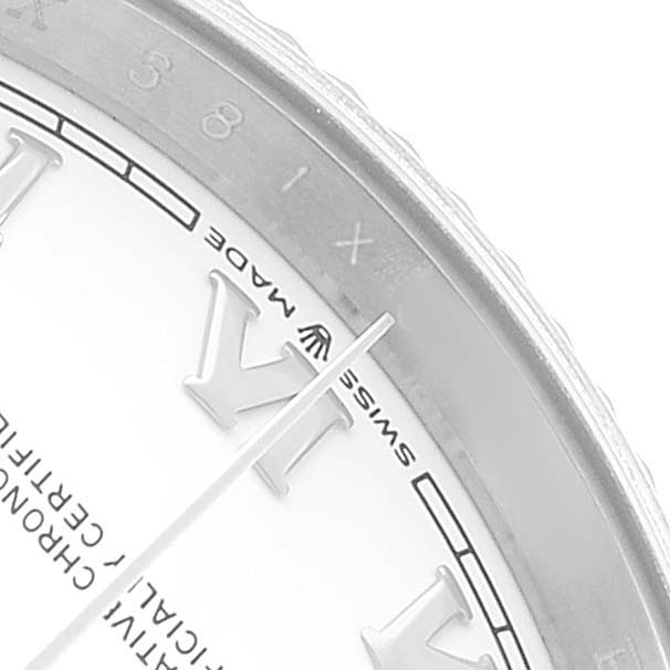 The image shows a close-up of the Rolex Datejust 126234 Men's Stainless Steel White Dial watch face, highlighting the bezel, Roman numeral VI, and "Swiss Made" text.