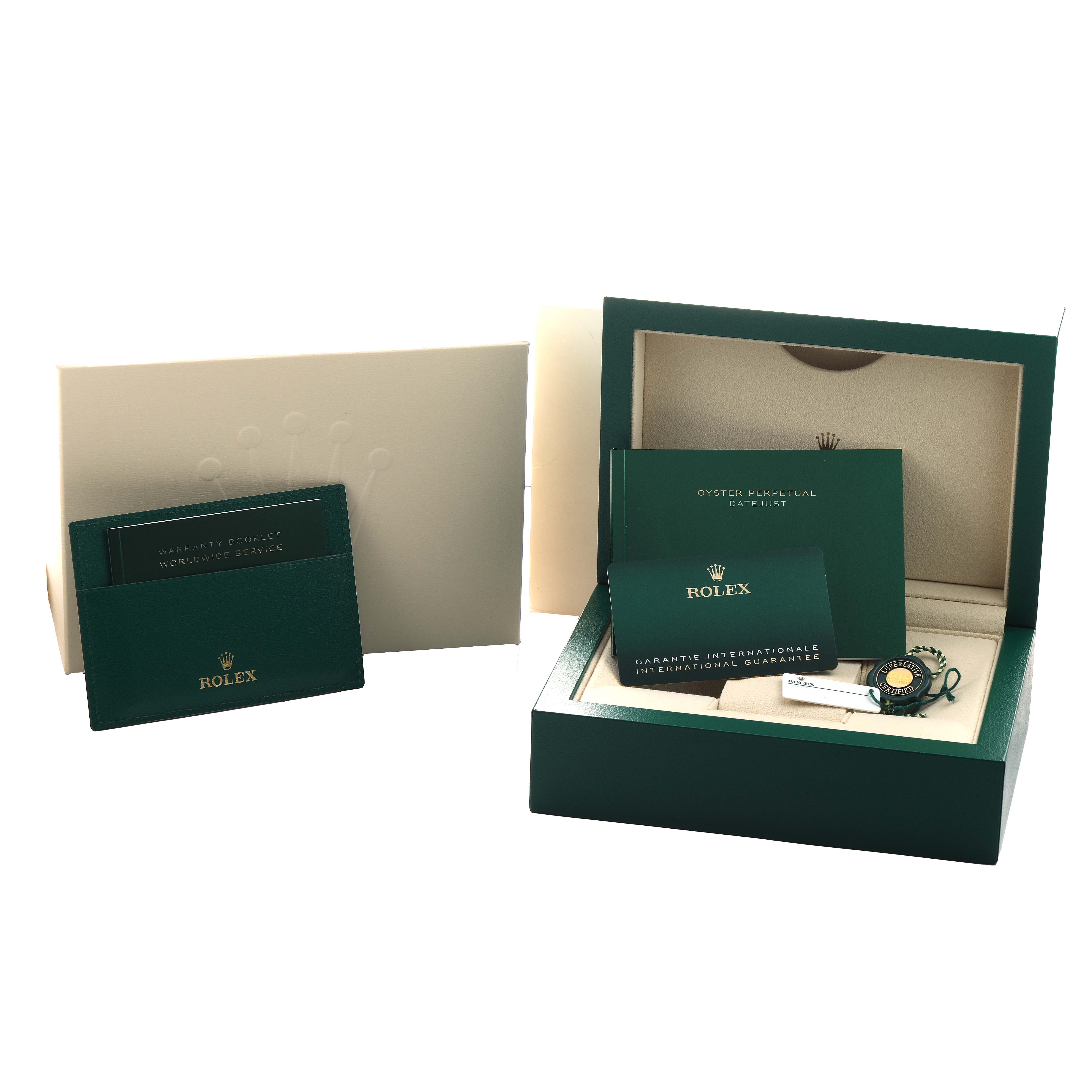 The image shows the box and accessories for a Rolex Datejust 126234 Men's Stainless Steel White Dial, including booklets and a hangtag, viewed from a front angle.