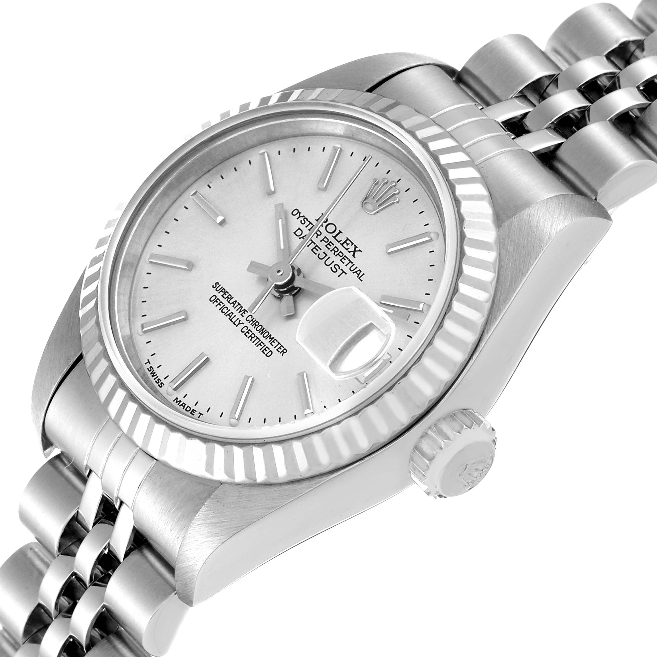 The image shows the Rolex Datejust 69174 Women's Stainless Steel Silver Dial 69174 Women's Stainless Steel Silver Dial watch from a high-angle, highlighting the dial, bezel, crown, and part of the bracelet.