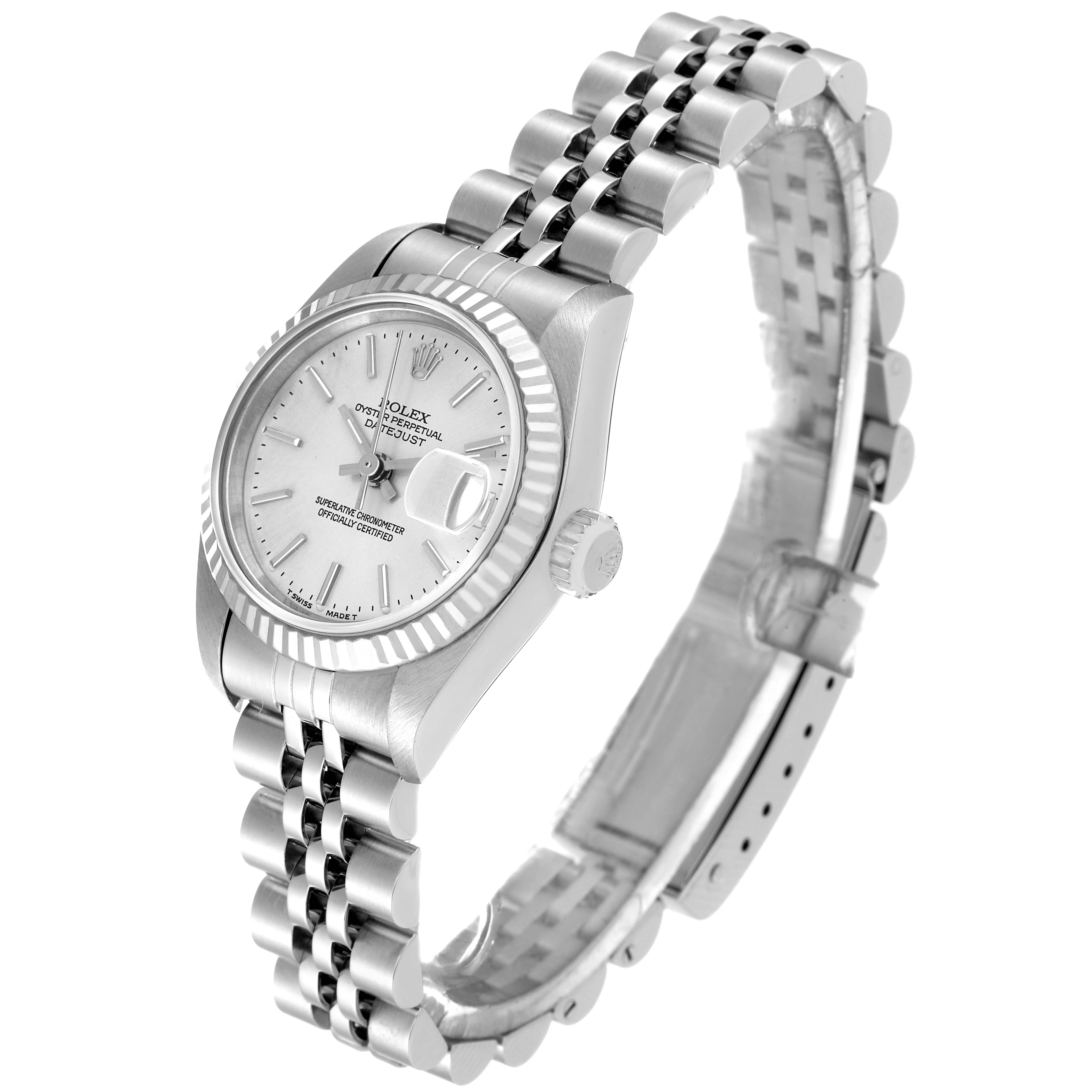 This image shows a Rolex Datejust 69174 Women's Stainless Steel Silver Dial 69174 Women's Stainless Steel Silver Dial watch angled to display the face, bezel, crown, and part of the bracelet.