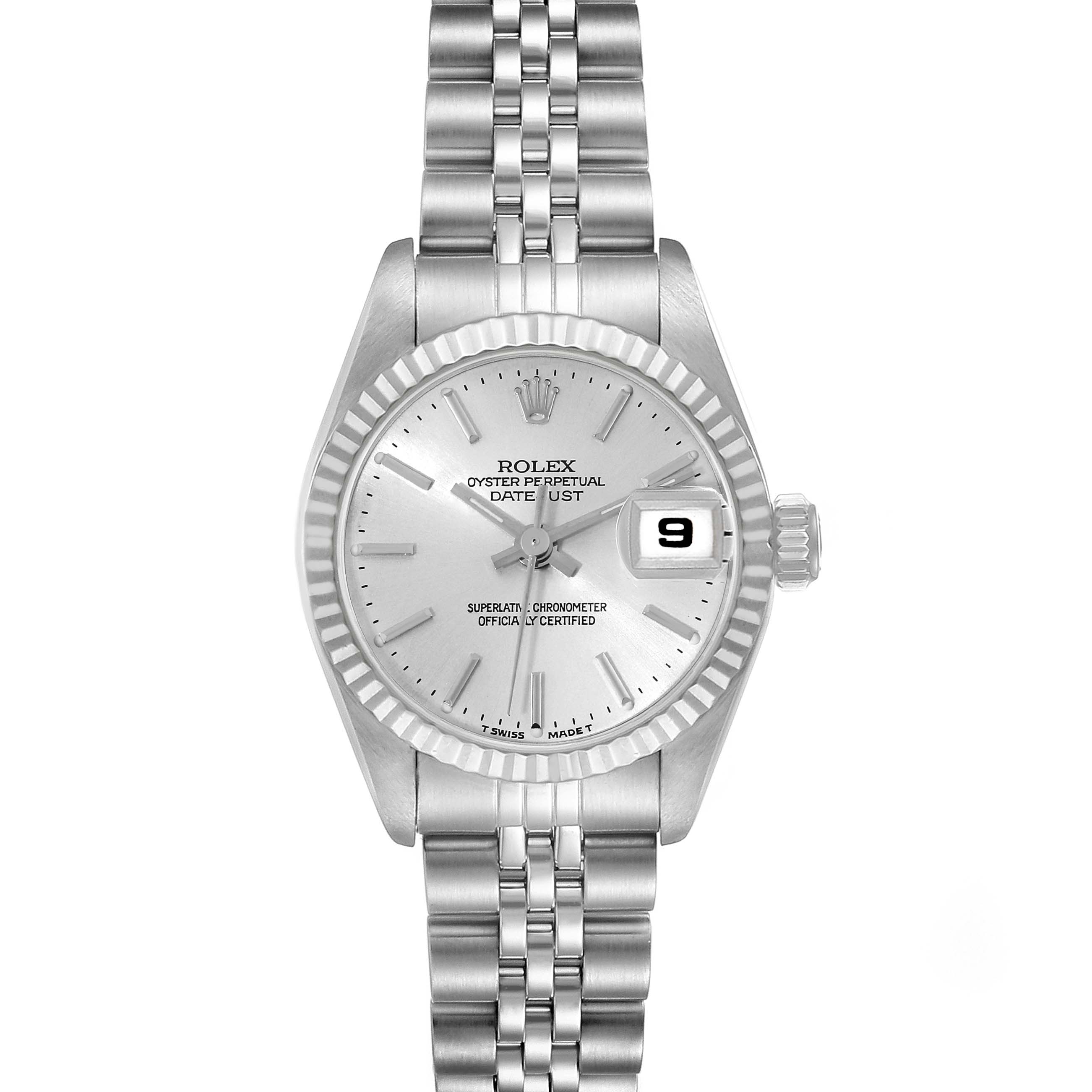 This is a front view of the Rolex Datejust 69174 Women's Stainless Steel Silver Dial 69174 Women's Stainless Steel Silver Dial watch, showcasing the face, bezel, crown, and bracelet.