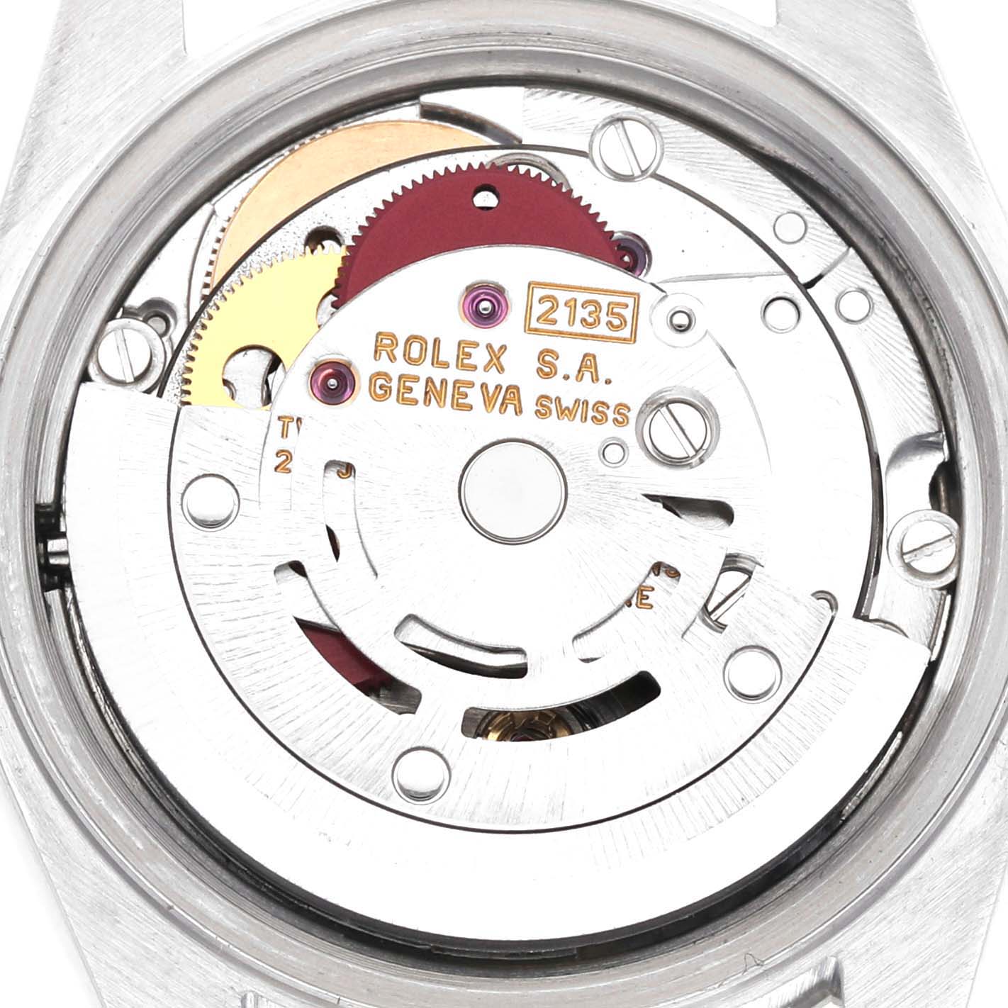 The image shows the internal mechanical movement of a Rolex Datejust 69174 Women's Stainless Steel Silver Dial 69174 Women's Stainless Steel Silver Dial watch from a straight-on angle.