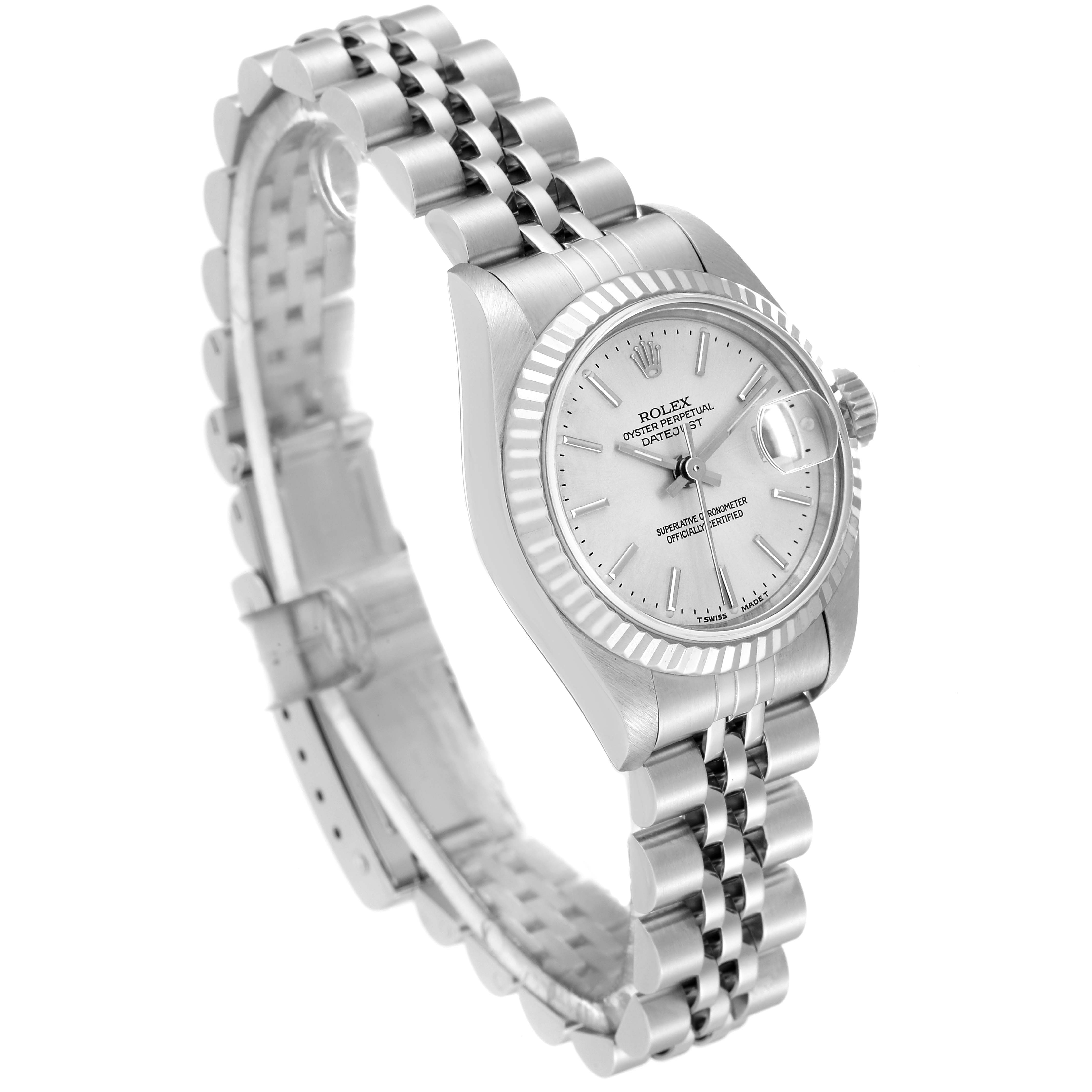 The image shows a Rolex Datejust 69174 Women's Stainless Steel Silver Dial 69174 Women's Stainless Steel Silver Dial watch at an angled view, highlighting the silver dial, fluted bezel, and Jubilee bracelet.