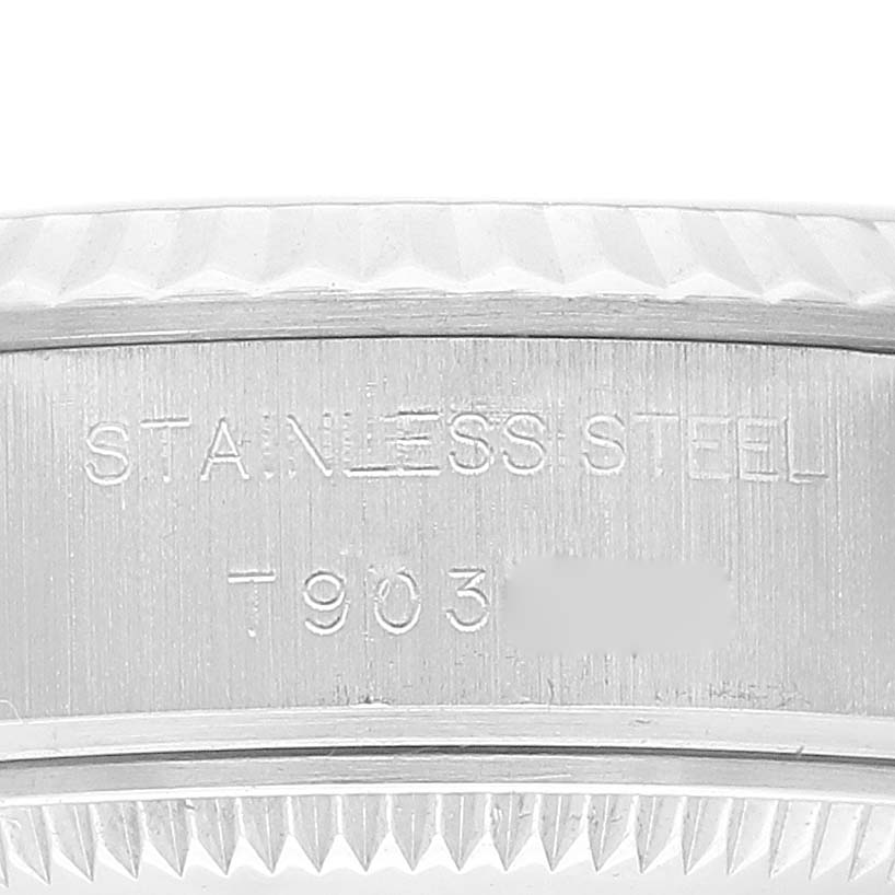 This close-up shows the stainless steel caseback with engraved text of a Rolex Datejust 69174 Women's Stainless Steel Silver Dial 69174 Women's Stainless Steel Silver Dial watch.