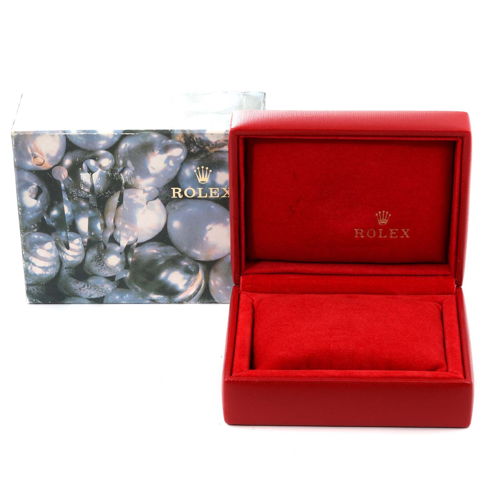 This image shows an empty red box and an outer box for a Rolex Datejust 69174 Women's Stainless Steel Silver Dial 69174 Women's Stainless Steel Silver Dial watch.