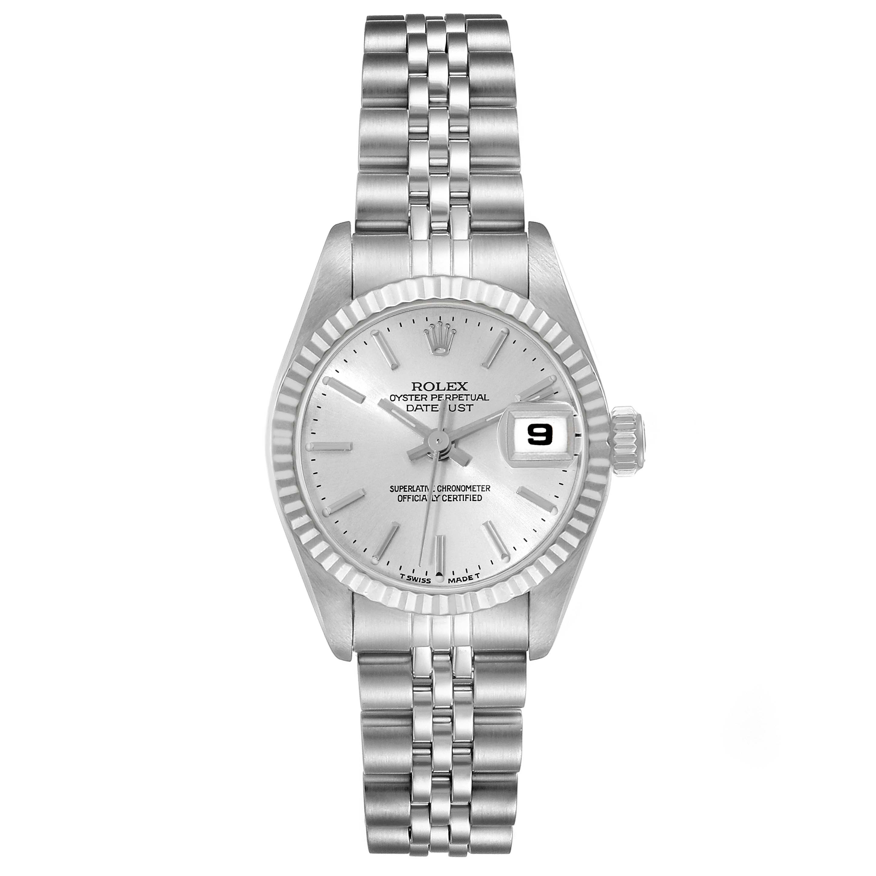 This Rolex Datejust 69174 Women's Stainless Steel Silver Dial 69174 Women's Stainless Steel Silver Dial model watch is shown from a front-facing angle, displaying the dial, bezel, and bracelet.