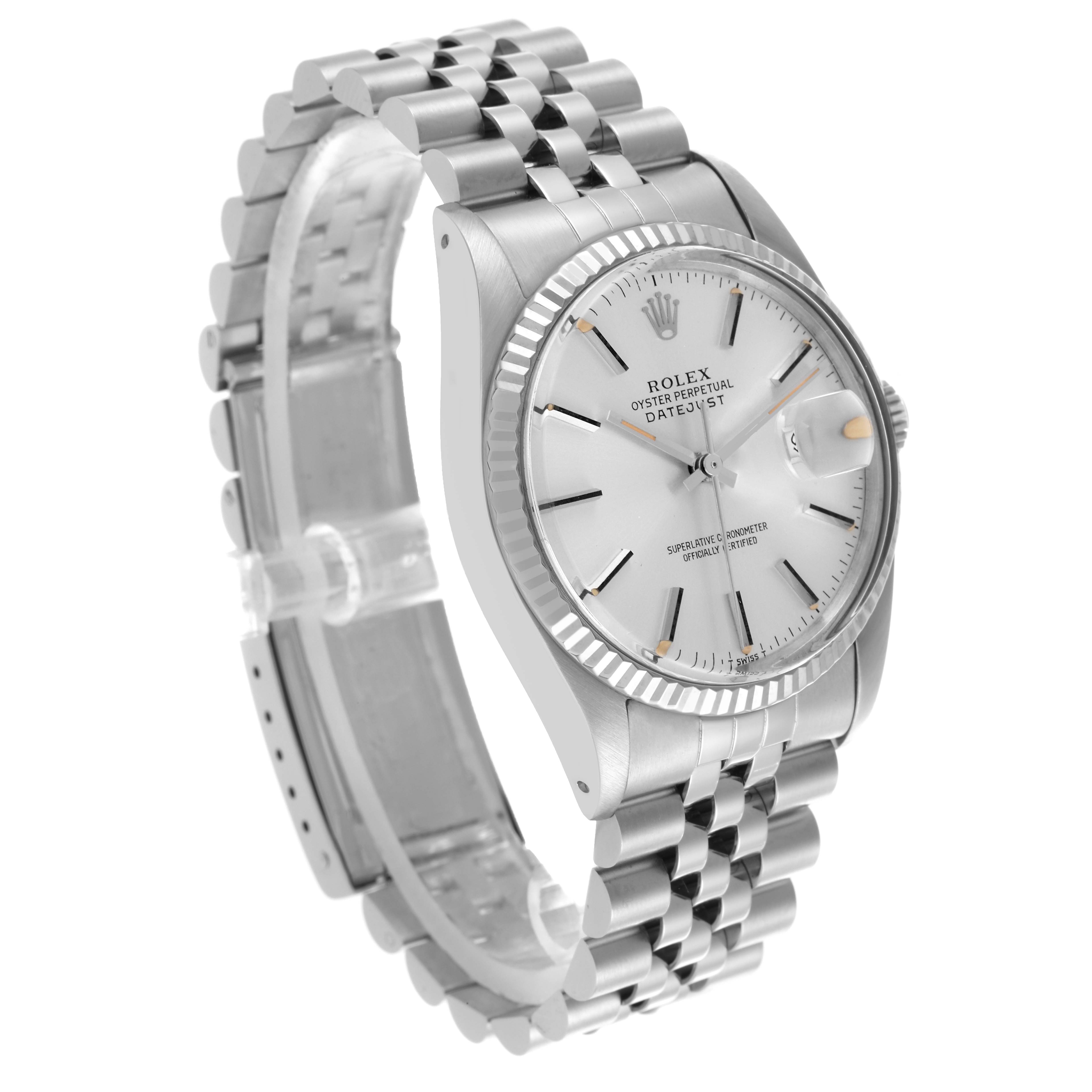 The Rolex Vintage Collection 16014 Men's Stainless Steel Silver Dial 16014 Men's Stainless Steel Silver Dial watch is shown at a three-quarter angle, highlighting the face, bezel, and bracelet.