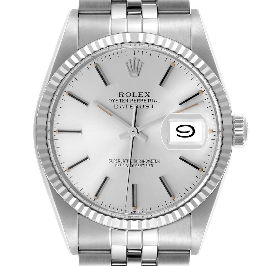 The Rolex Vintage Collection watch is shown from a front angle, displaying the dial, hands, bezel, case, and bracelet.