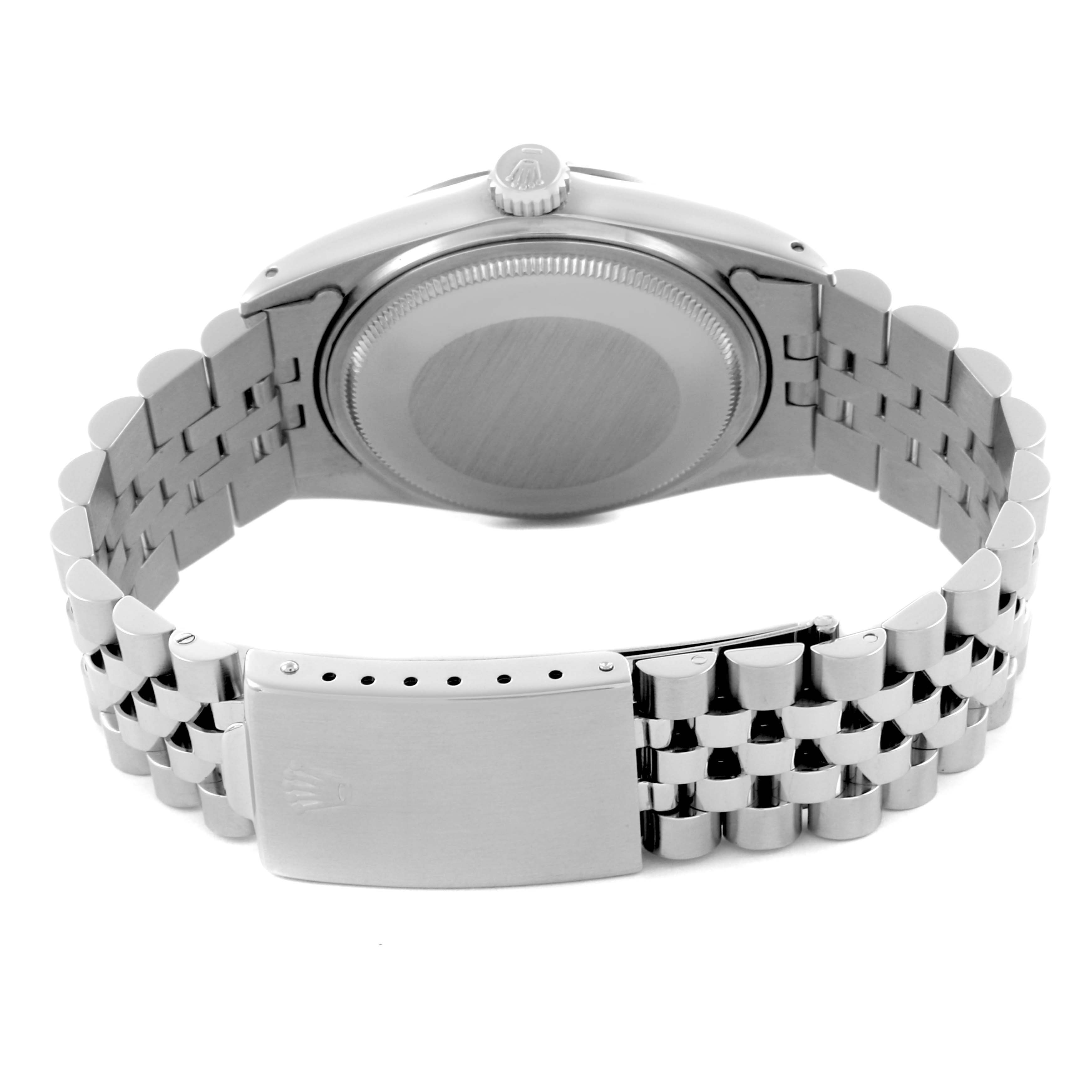 The image shows the back and clasp of the Rolex Vintage Collection 16014 Men's Stainless Steel Silver Dial 16014 Men's Stainless Steel Silver Dial watch, highlighting its metal bracelet and case back.