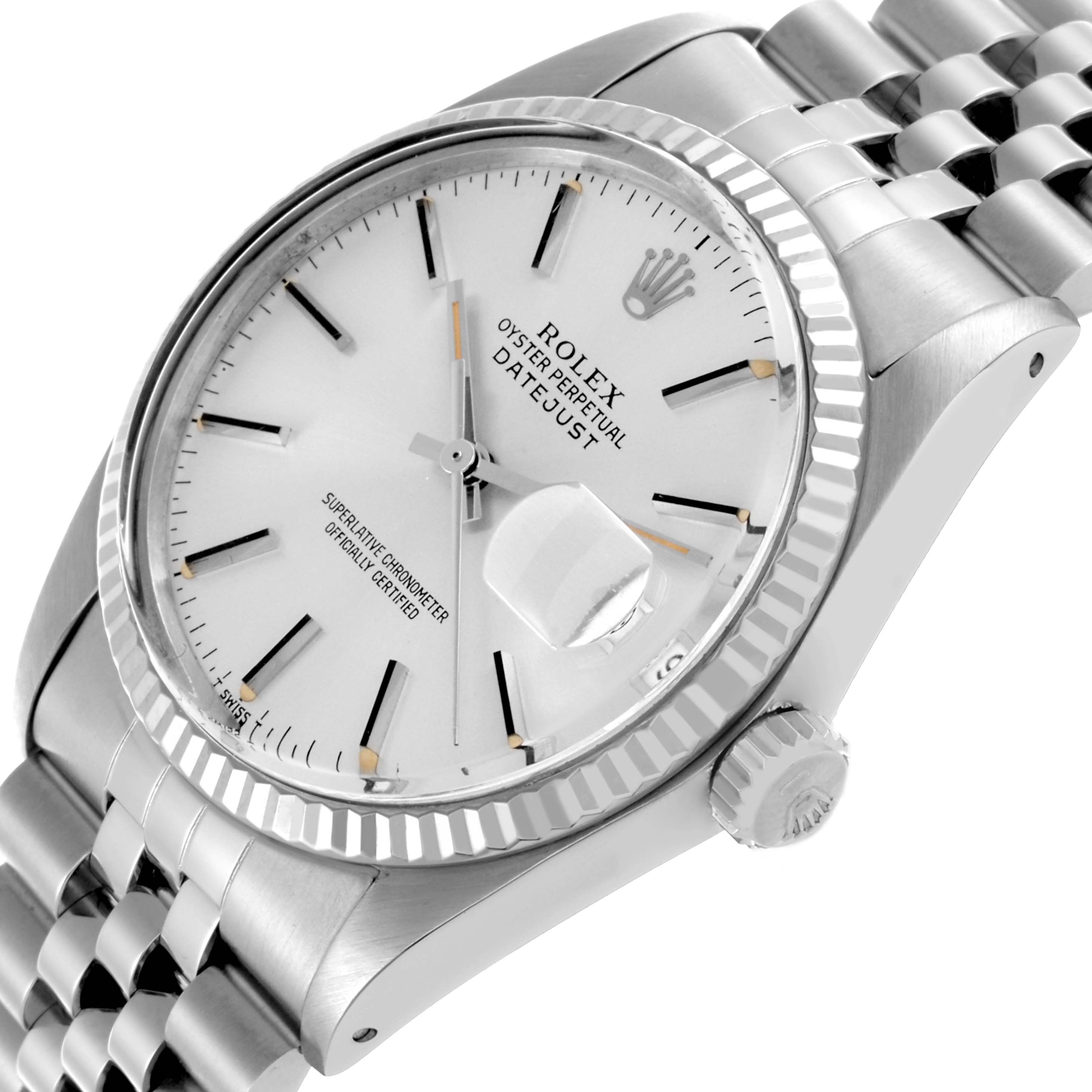 The Rolex Vintage Collection 16014 Men's Stainless Steel Silver Dial 16014 Men's Stainless Steel Silver Dial watch is shown from a diagonal angle, highlighting the face, bezel, crown, and part of the bracelet.