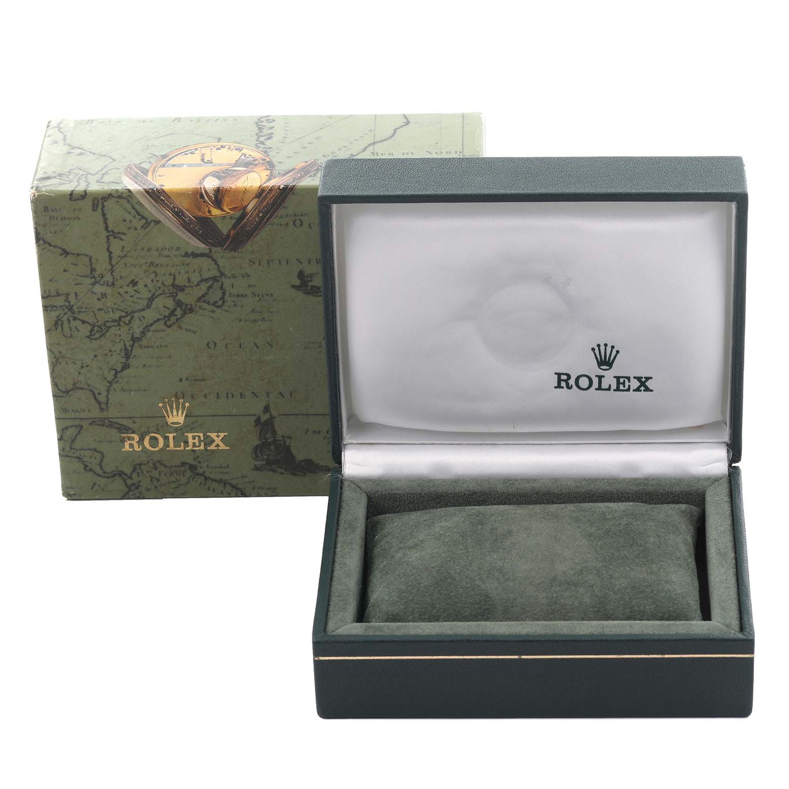 The image shows a Rolex Vintage Collection 16014 Men's Stainless Steel Silver Dial 16014 Men's Stainless Steel Silver Dial watch box, displaying the outer map-themed box and the open inner velvet-lined case.