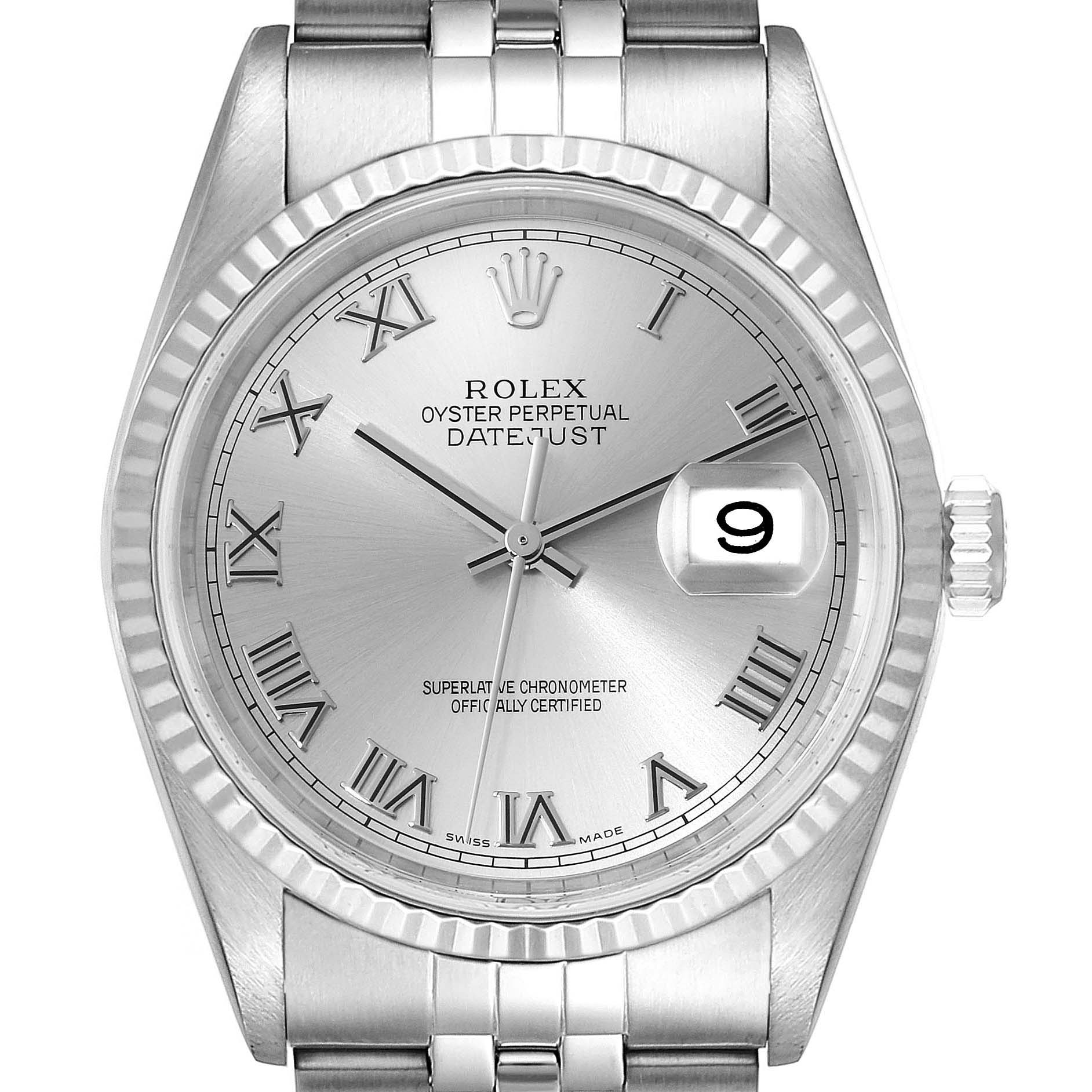 This is a front view of the Rolex Datejust 16234 Men's Stainless Steel Silver Dial 16234 Men's Stainless Steel Silver Dial watch featuring its dial, bezel, crown, and a part of the bracelet.