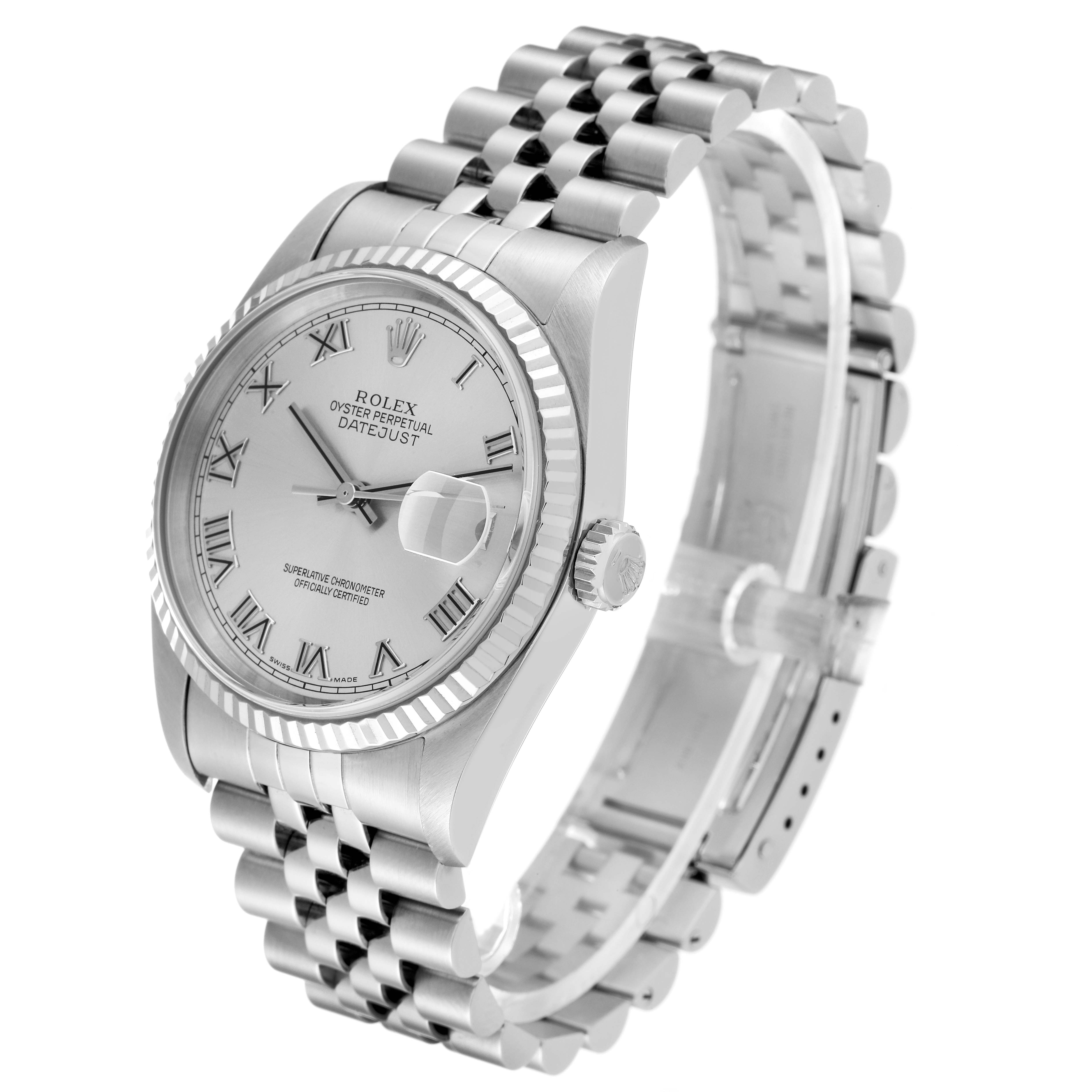 This image shows a Rolex Datejust 16234 Men's Stainless Steel Silver Dial 16234 Men's Stainless Steel Silver Dial watch at a three-quarter angle, featuring its face, bezel, crown, and metal bracelet.