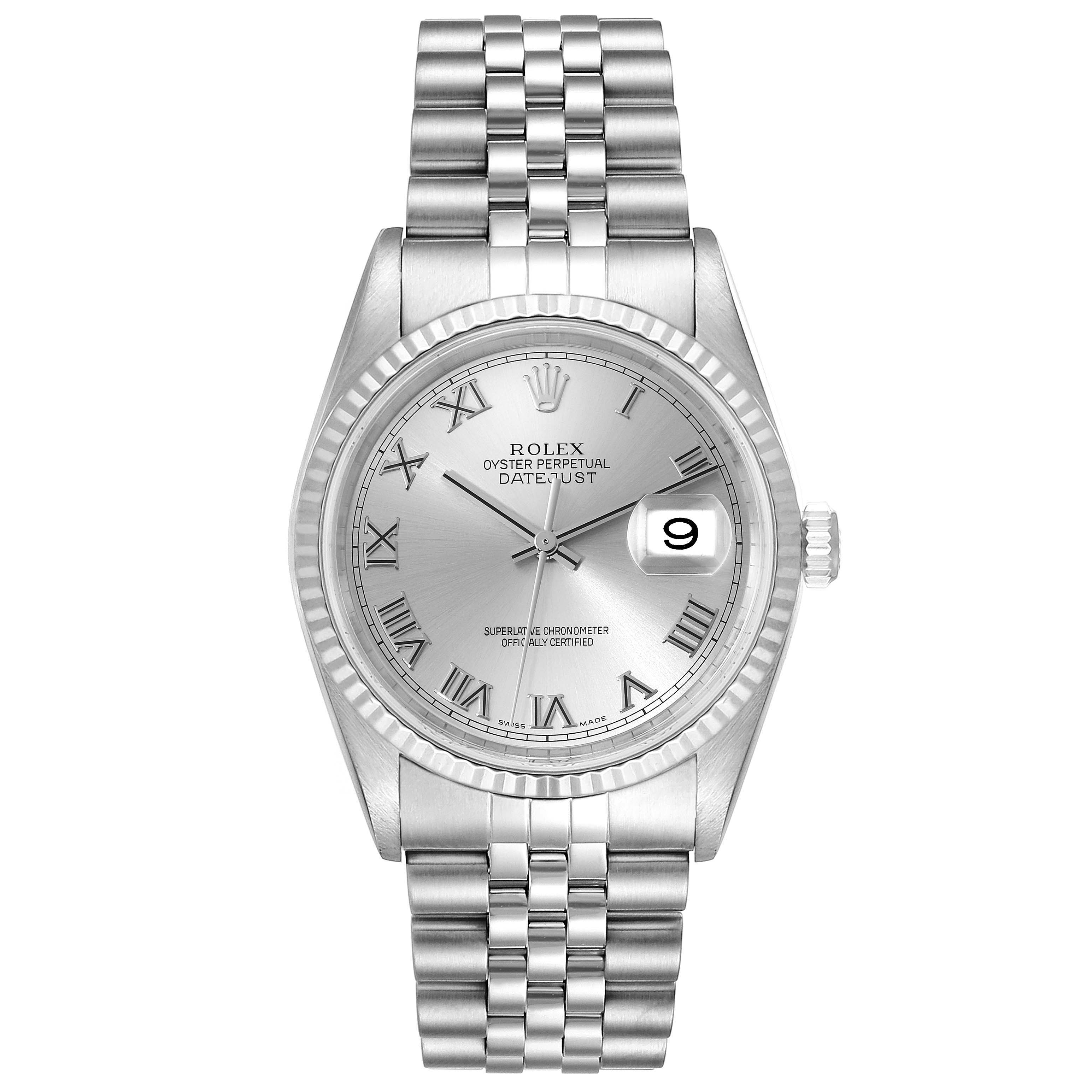The image shows a front view of a Rolex Datejust 16234 Men's Stainless Steel Silver Dial 16234 Men's Stainless Steel Silver Dial watch, highlighting the dial, case, bracelet, and date window.