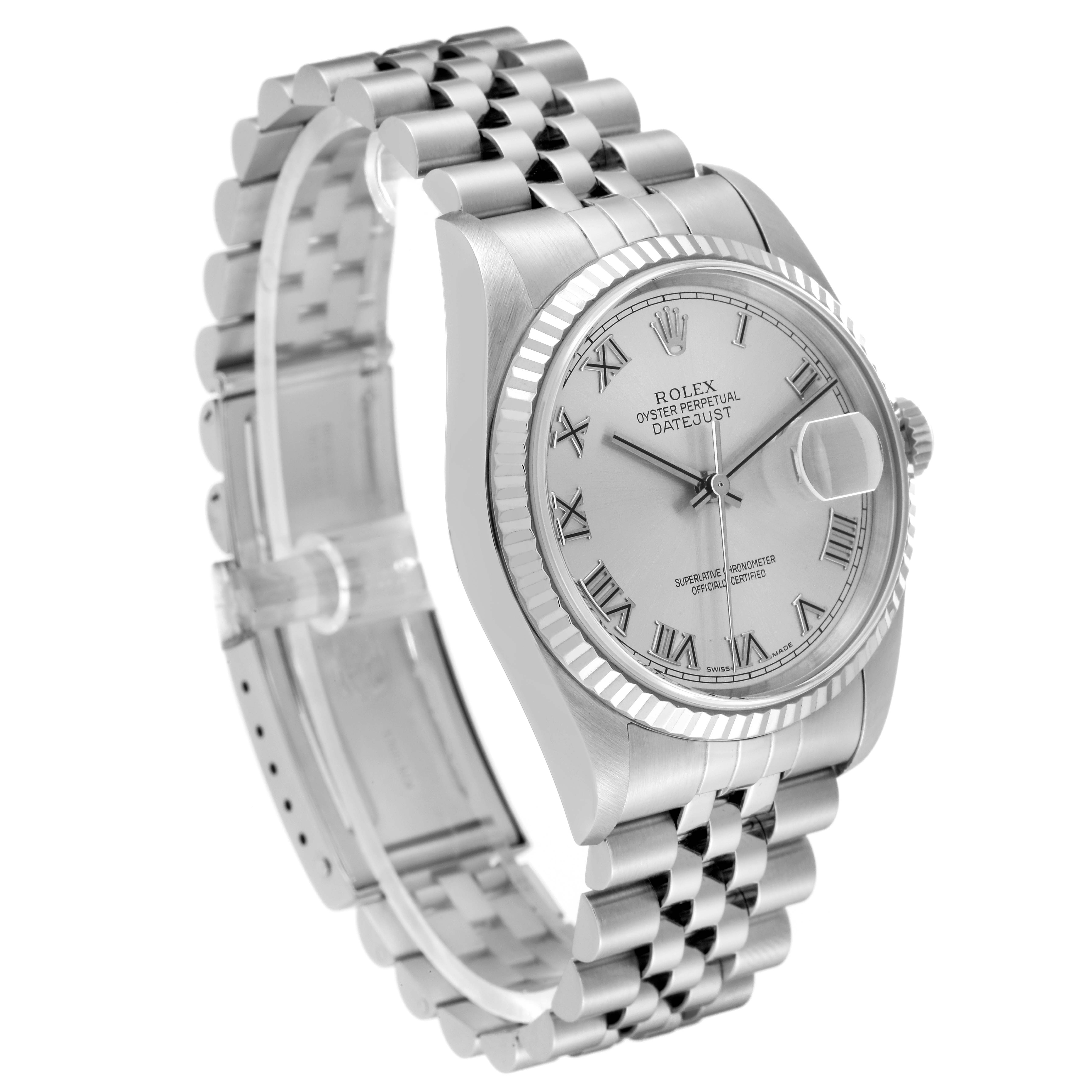 The image shows a Rolex Datejust 16234 Men's Stainless Steel Silver Dial 16234 Men's Stainless Steel Silver Dial watch at a three-quarter angle, highlighting the face, bezel, and bracelet.