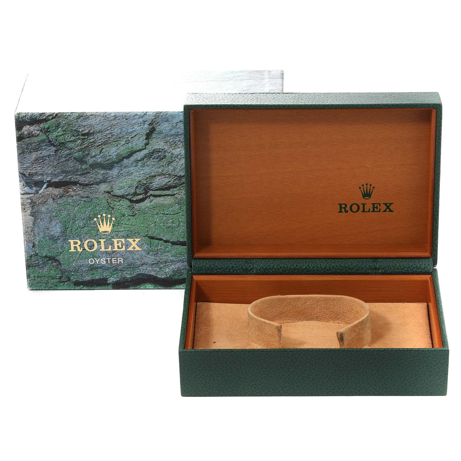 The image shows an open green Rolex box with "Rolex Oyster" branding for the Datejust model, without the watch inside.