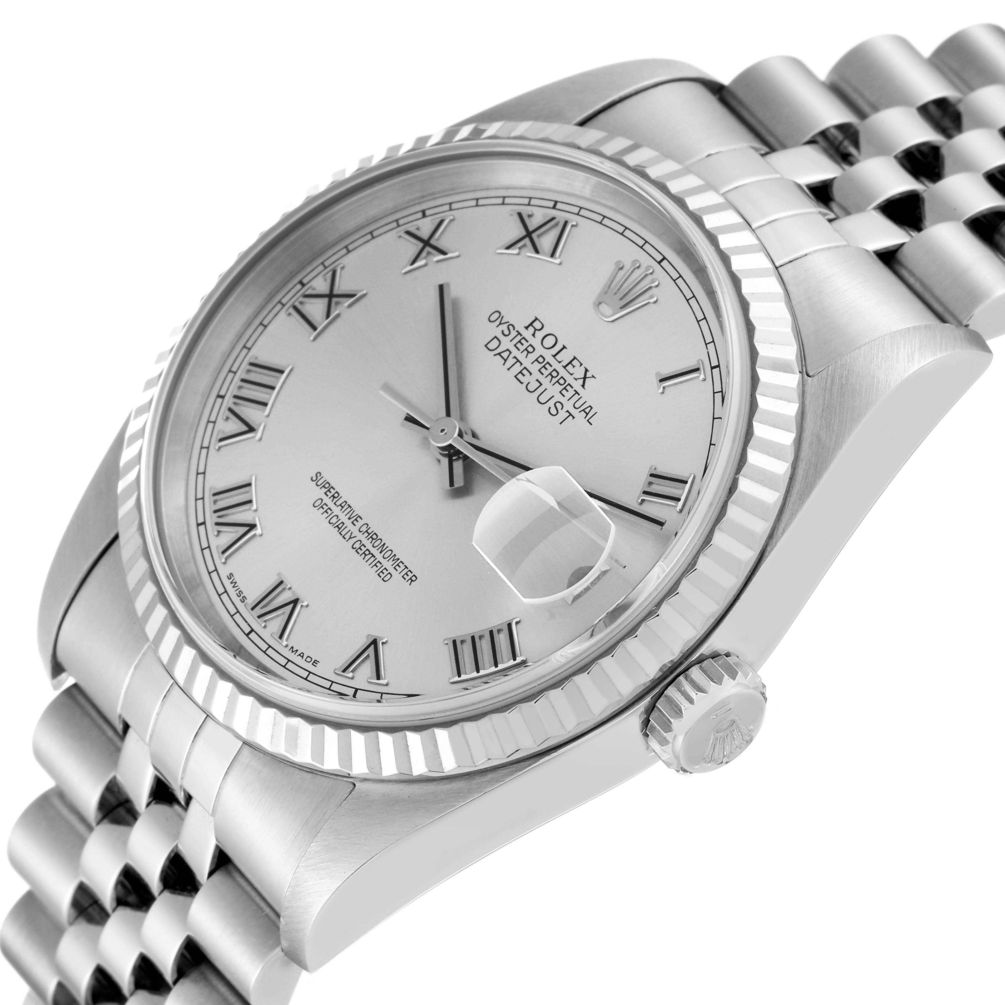 The image shows a close-up angle of the Rolex Datejust 16234 Men's Stainless Steel Silver Dial 16234 Men's Stainless Steel Silver Dial watch, highlighting its dial, bezel, crown, and bracelet.