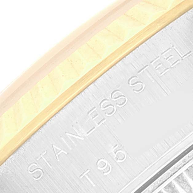 A close-up shot shows the stainless steel and gold bezel of a Rolex Datejust 69173 Women's Steel and Gold (two tone) Beige Dial 69173 Women's Steel and Gold (two tone) Beige Dial watch.