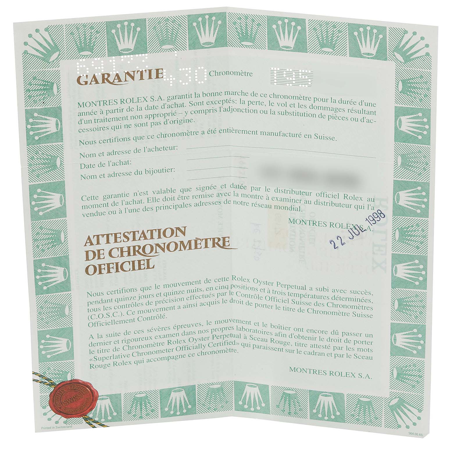 This image shows the official chronometer certificate and warranty card for the Rolex Datejust 69173 Women's Steel and Gold (two tone) Beige Dial 69173 Women's Steel and Gold (two tone) Beige Dial watch.